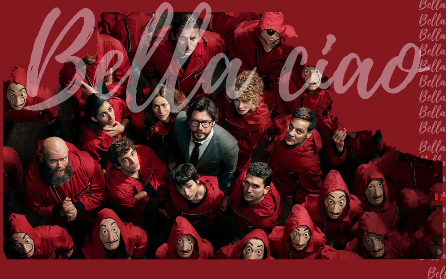 Money Heist Mask 桌布 壁紙 — 一個高角度拍攝，一名身穿西裝的男子被一群穿著紅色連身衣、戴著達利面具的人包圍，背景為深紅色，並帶有「Bella ciao」字樣。