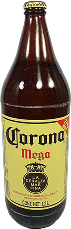 Beer Free 桌布 壁紙 — 一個高身棕色玻璃瓶的Corona Mega啤酒，帶有黃色標籤和金色瓶蓋，背景為白色。
