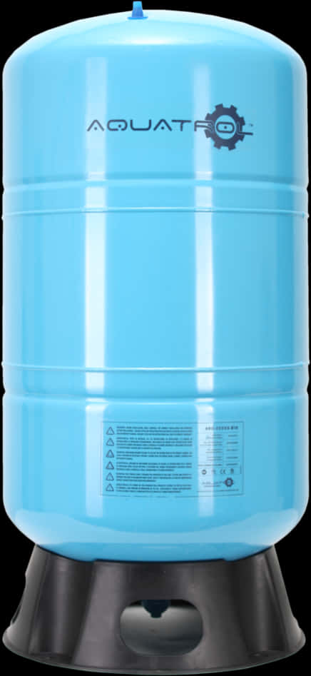 Container 桌布 壁紙 — 一個高身淺藍色圓柱形水缸，帶有 'AQUATROL' 品牌標誌和警告標籤，立在黑色底座上，背景深色。