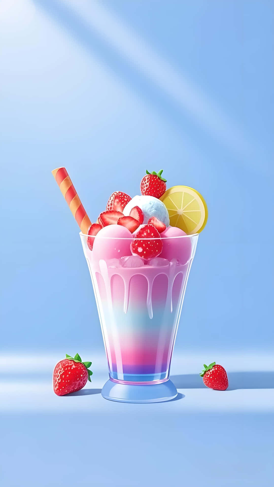 Pastel summer drink wallpaper 壁紙 — 一個高身玻璃杯裝滿粉紅色奶昔，上面放有草莓、檸檬片和冰淇淋，背景是柔和的藍色漸層。