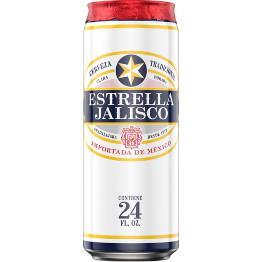 Beer 桌布 壁紙 — 一個高身銀色啤酒罐，帶有紅色箔紙頂部和白色標籤，印有Estrella Jalisco品牌和金色點綴。
