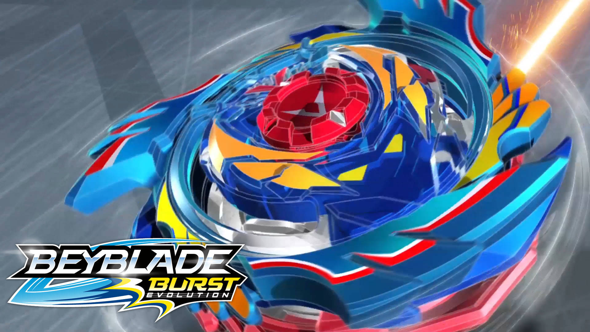 Beyblade 桌布 壁紙 — 一個高速的Beyblade Burst Evolution陀螺在動態模糊的金屬背景上，以藍色、黃色和紅色點綴動態旋轉。