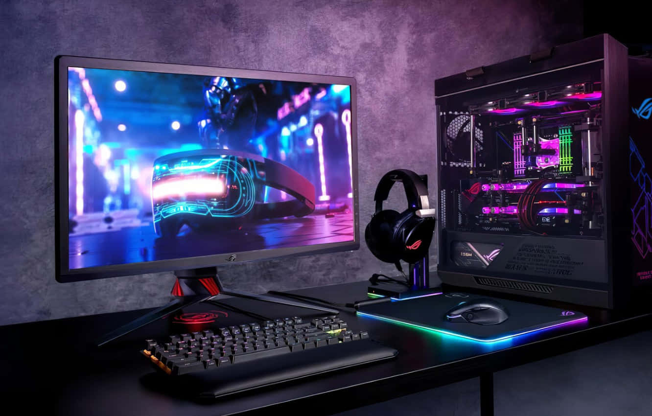 Monitor 桌布 壁紙 — 一個高階遊戲設置，配備發光的RGB PC機箱和顯示霓虹燈未來汽車場景的顯示器。