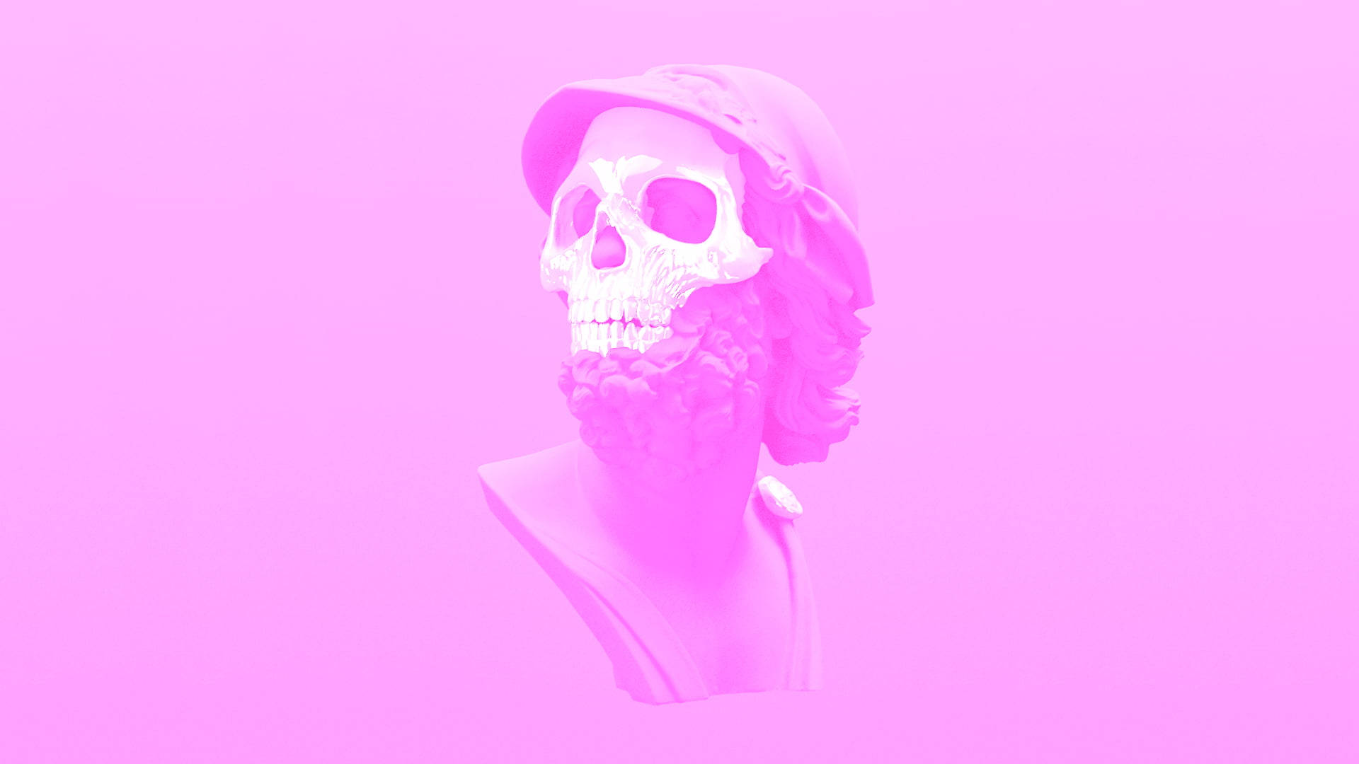粉紅閃光 桌布 壁紙 — 一個鬍鬚和戴帽的頭骨半身像，帶有粉紅色調，置於純粉紅色背景上。