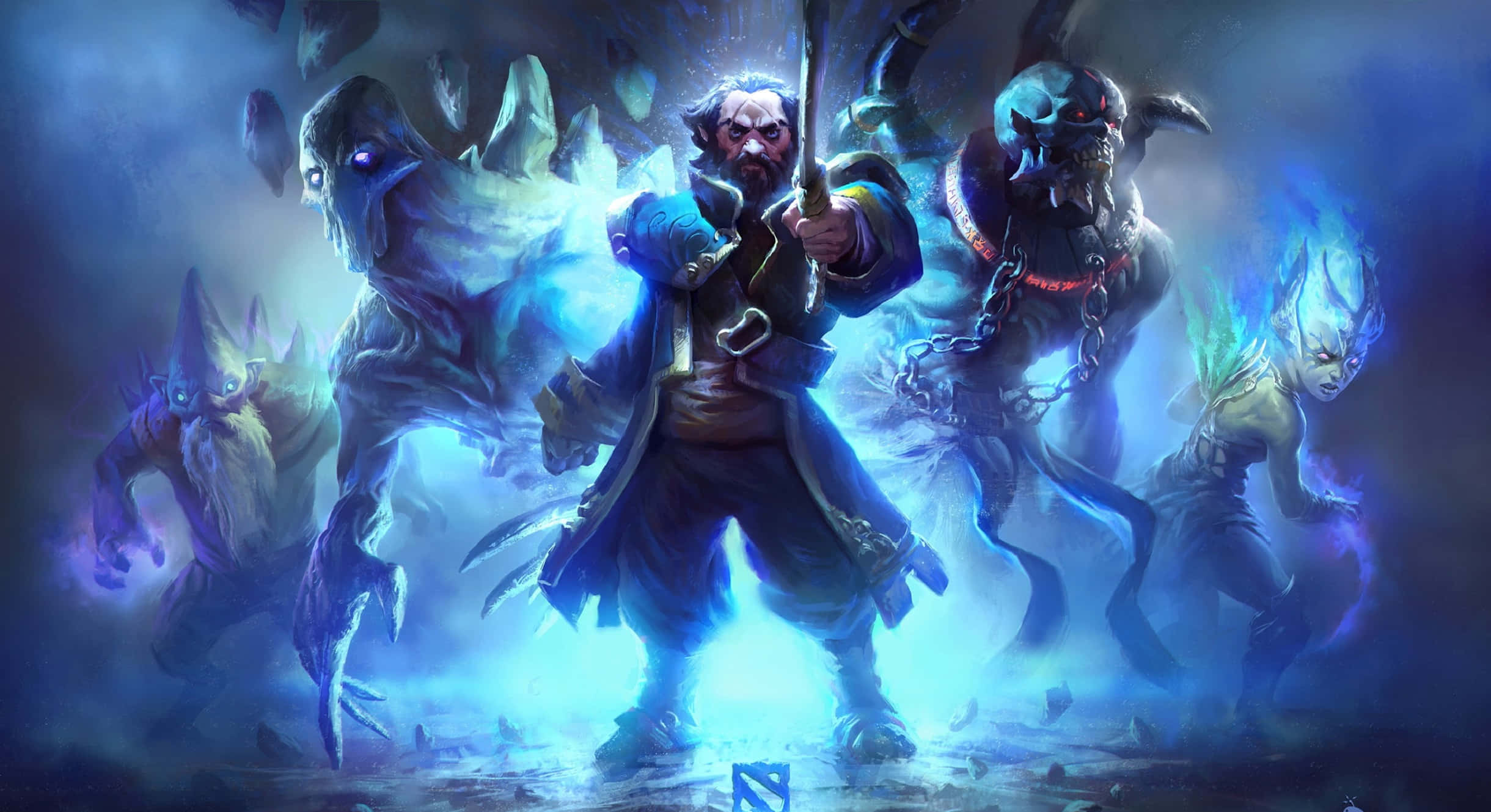電玩遊戲 桌布 壁紙 — 一個鬍鬚戰士揮舞著發光的劍，幽靈怪物在他周圍湧現，形成一個深藍色的神秘戰鬥場景。