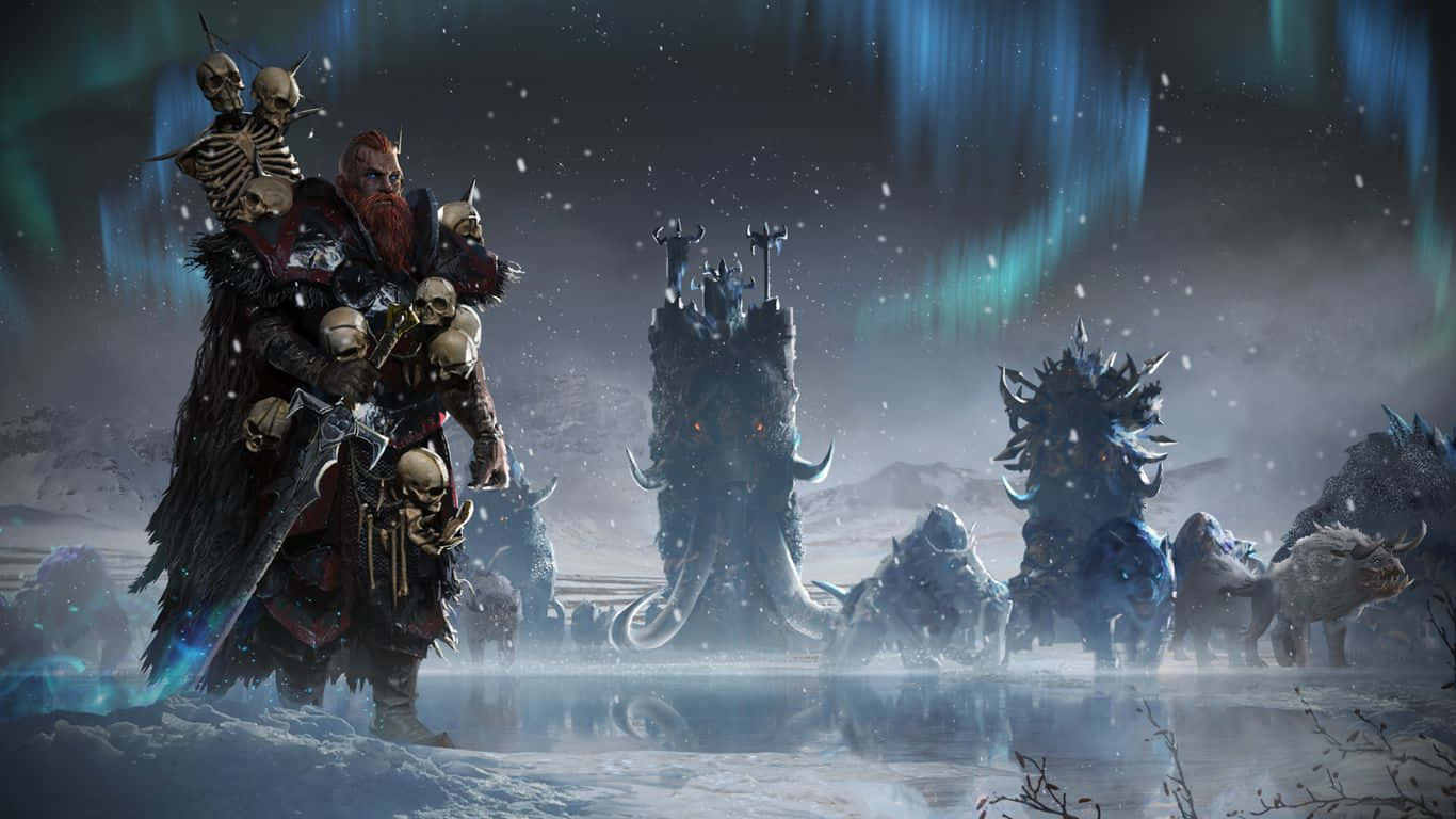 電玩遊戲 桌布 壁紙 — 一個鬍鬚戰士裝飾著頭骨，站在雪景中，在發光的極光下，附近有怪異的生物。