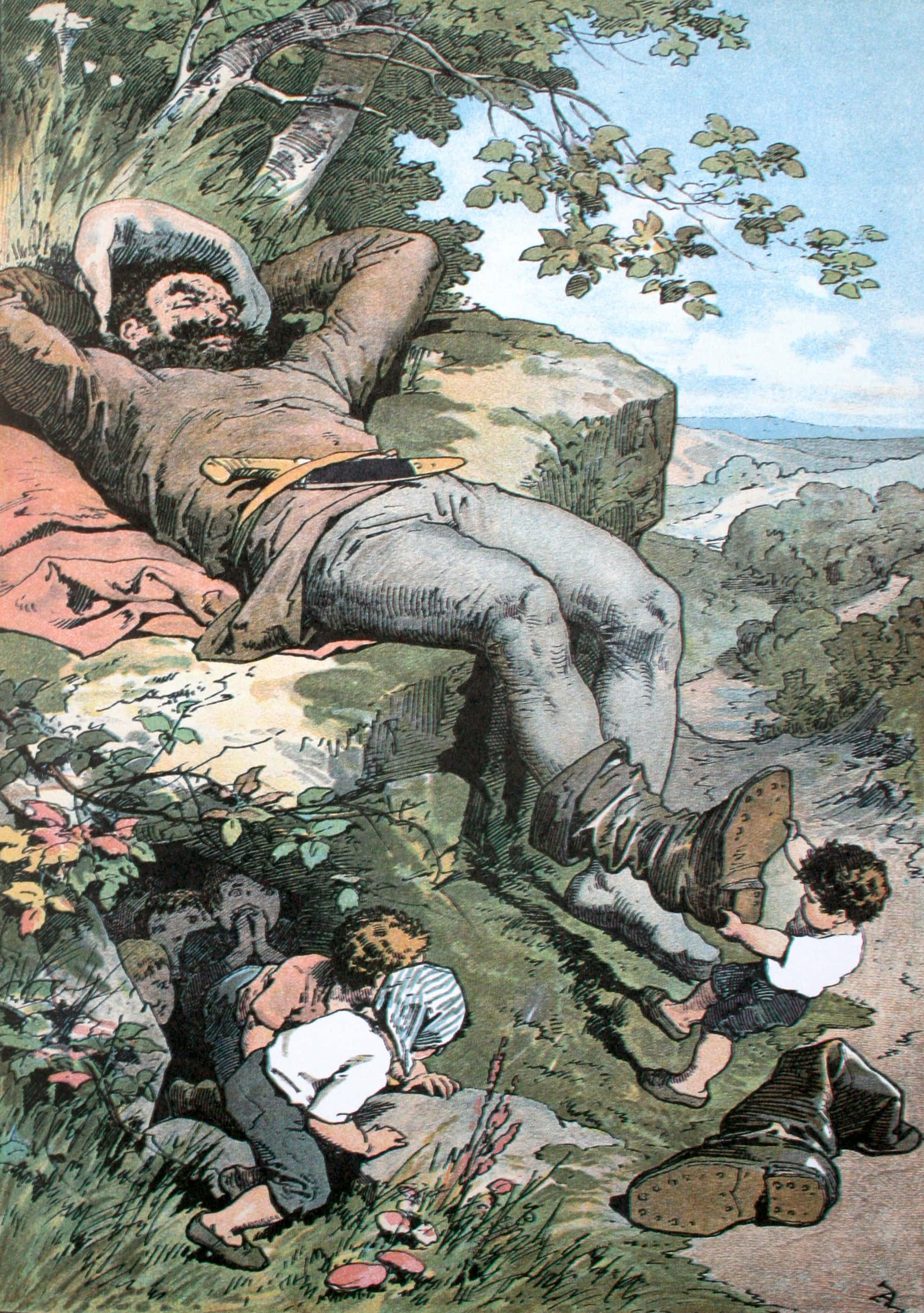 Fairy Tale 桌布 壁紙 — 一個鬍鬚男人在懸崖邊安睡，孩子們頑皮地聚集在他的腳邊，在一片茂密的森林空地中。