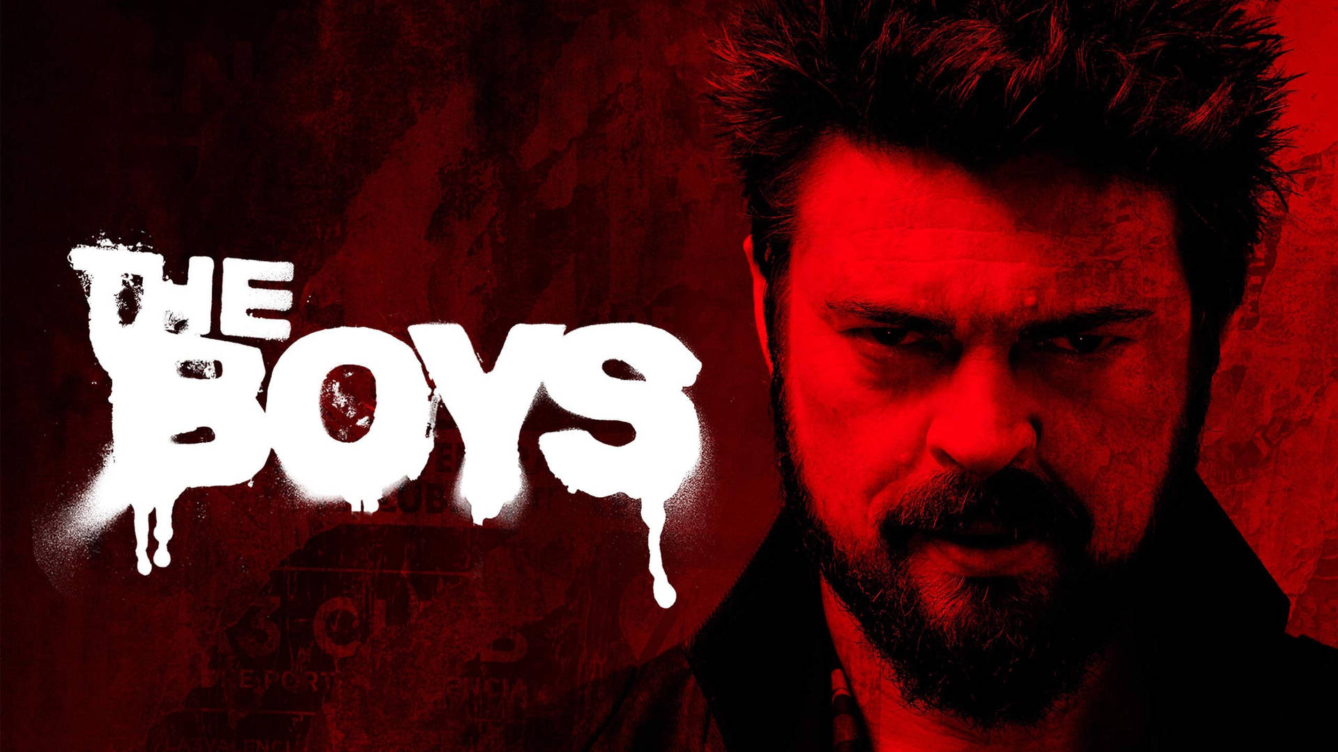一個鬍鬚男人在紅光下凌厲地凝視，旁邊是標題 The Boys。 — 黑袍糾察隊 GIF 壁紙