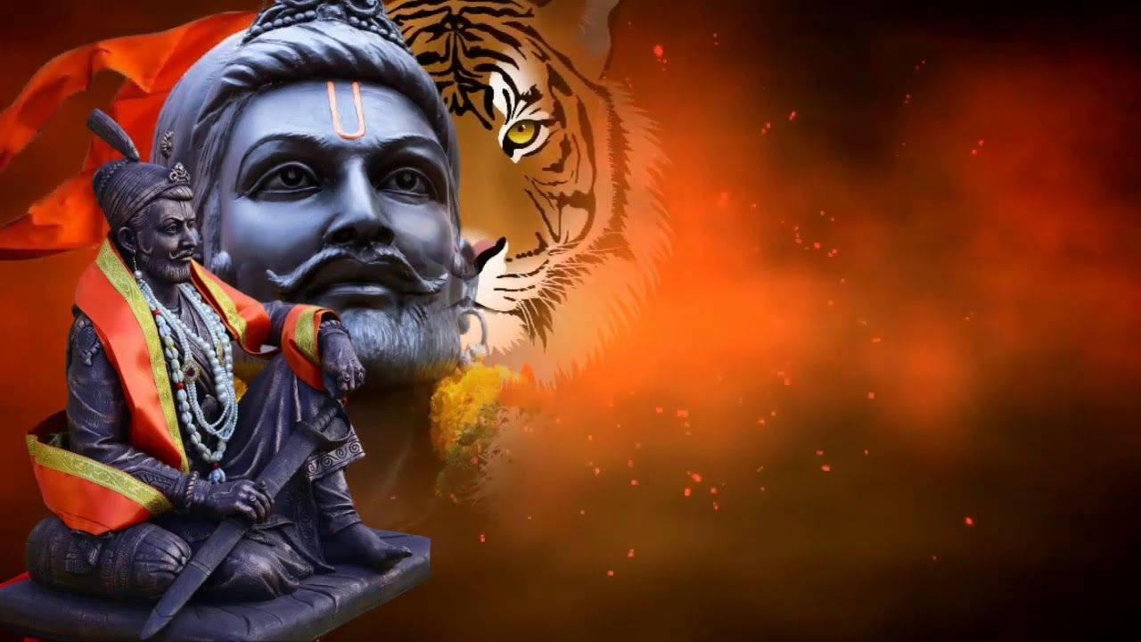 Indian 桌布 壁紙 — 一個鬍鬚男人的雕像，帶有老虎眼睛和橙色火焰背景。
