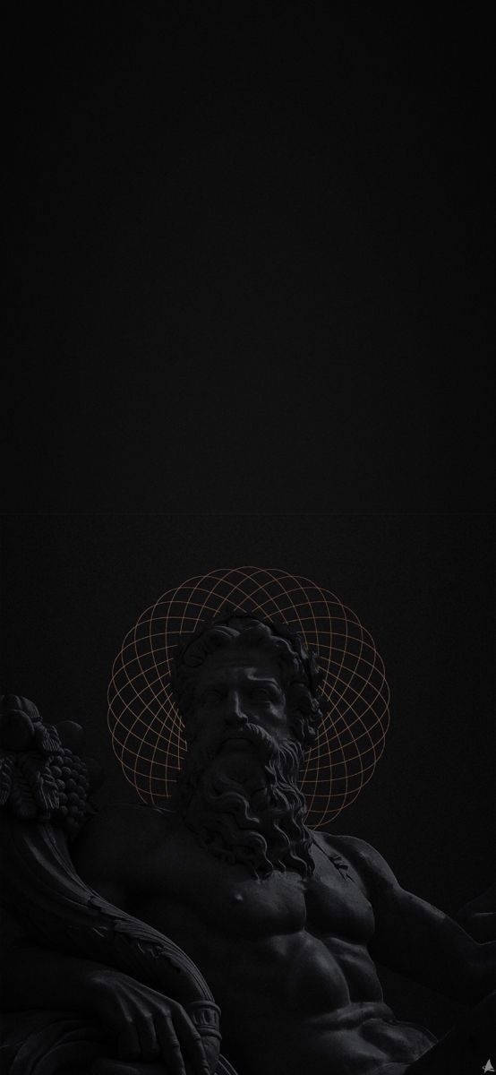 Stoic 桌布 壁紙 — 一個鬍鬚男人的黑暗雕像，帶有發光的網格光環，背景為黑色。