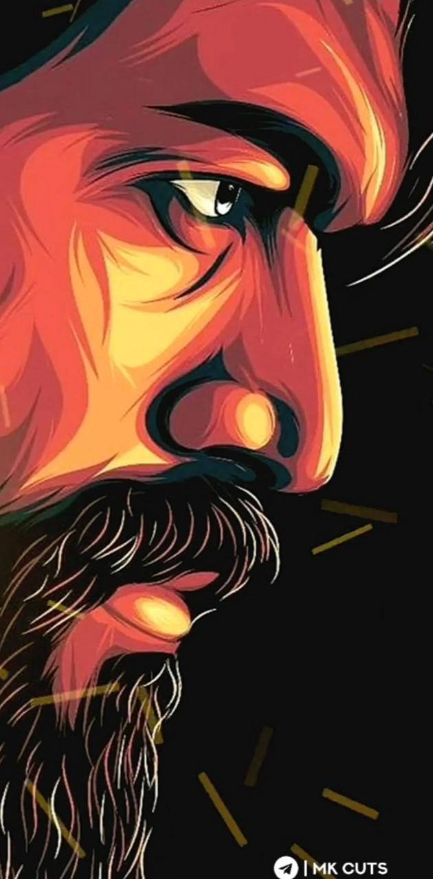 Indian 桌布 壁紙 — 一個鬍鬚男的火焰插畫肖像，眼神銳利，在深色背景上有大膽的橙黃色燈光。