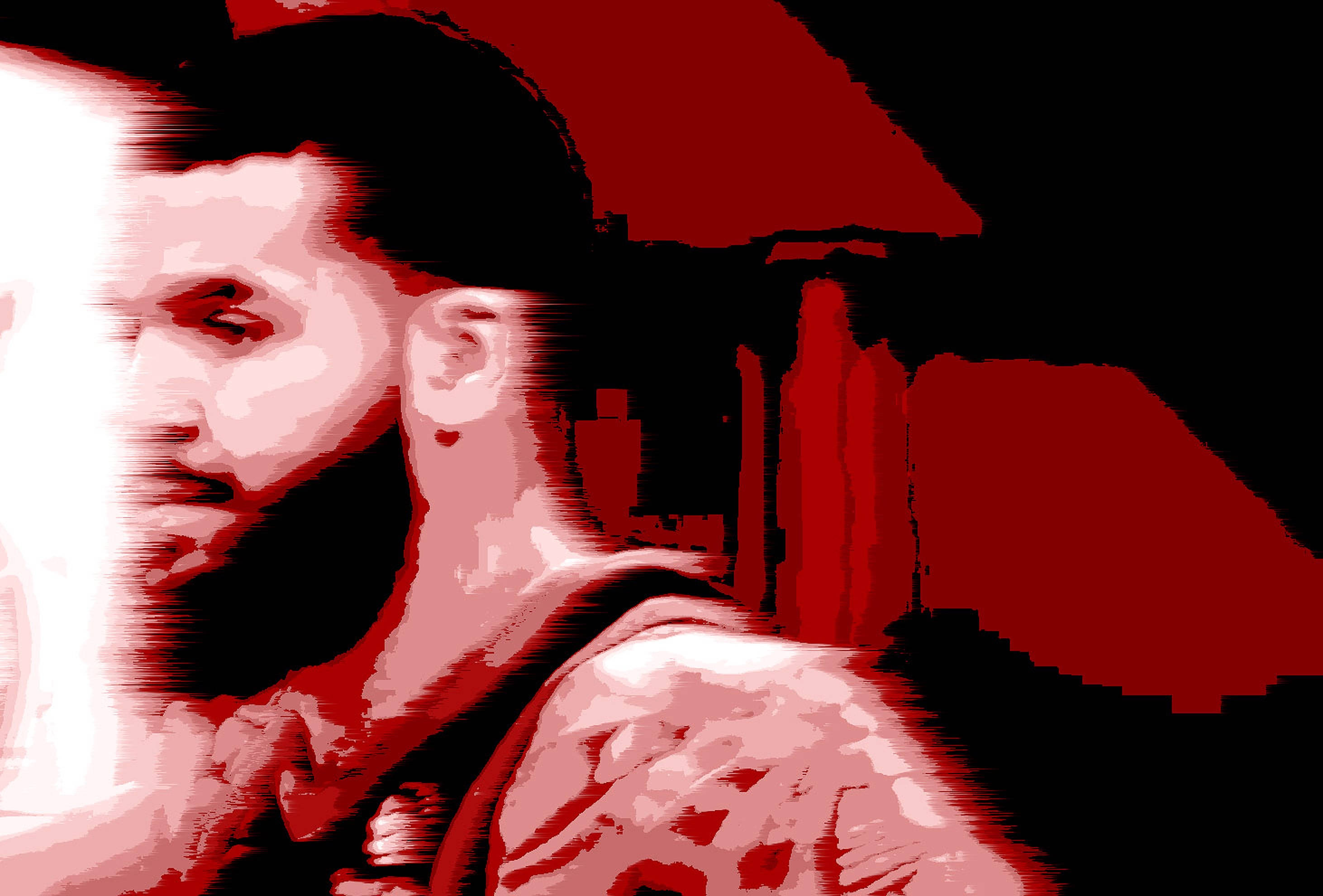Fred Vanvleet 桌布 壁紙 — 一個鬍鬚男的風格化肖像，以紅黑色調呈現，高對比度且邊緣像素化。