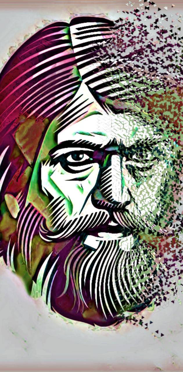 Indian 桌布 壁紙 — 一個鬍鬚男的風格化肖像，眼神銳利，臉龐周圍有充滿活力的紫色、綠色和白色抽象圖案旋轉。