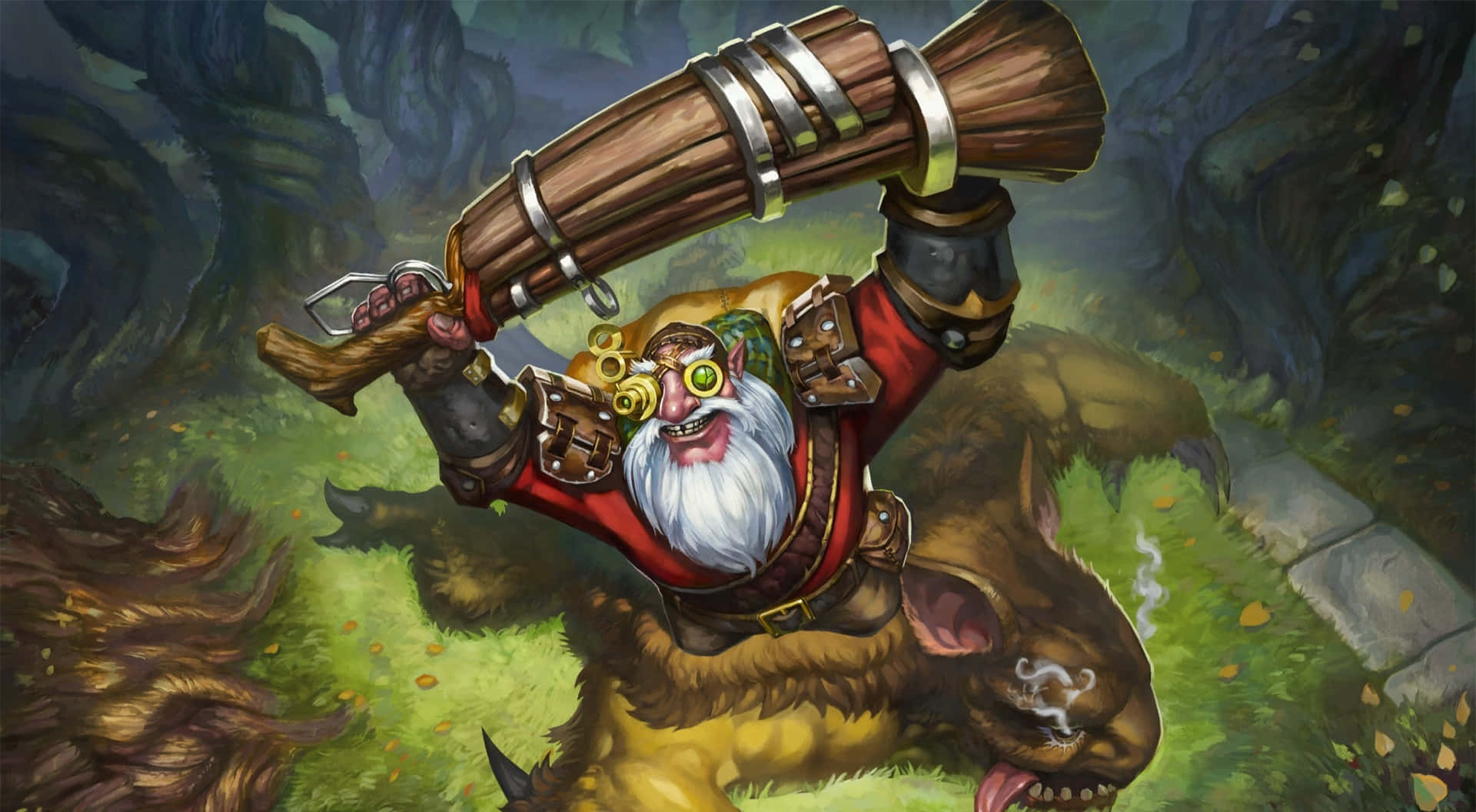 Dota 2 Sniper 桌布 壁紙 — 一個鬍鬚矮人穿著紅色盔甲，騎著一頭咆哮的野豬穿過長滿苔蘚的森林，揮舞著一根巨大的木棍。