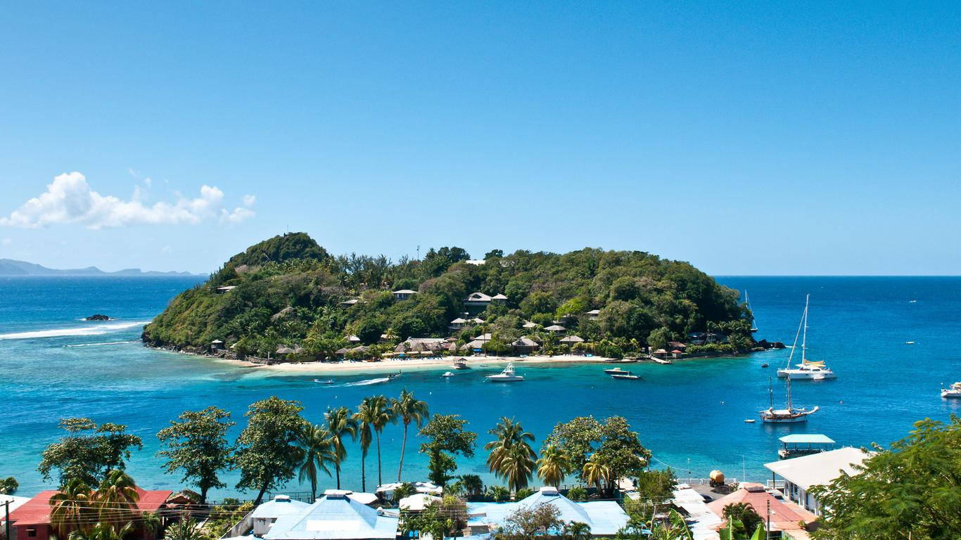 St Vincent And The Grenadines 桌布 壁紙 — 一個鬱鬱蔥蔥的熱帶島嶼，擁有白色沙灘和碧綠的海水，點綴著帆船，在晴朗的藍天下。