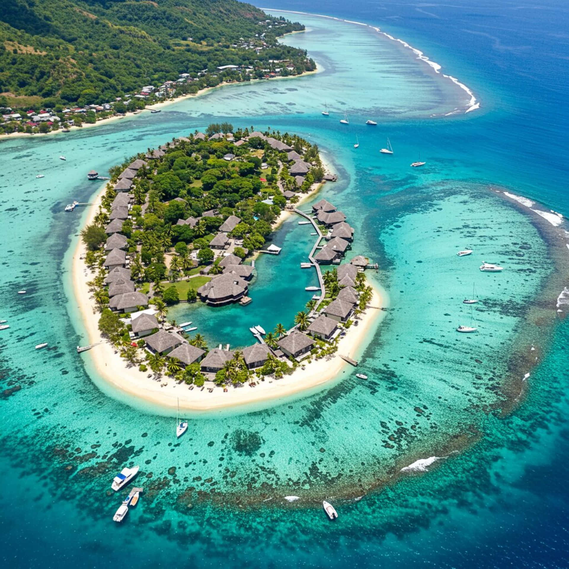 Houses on an island 壁紙 — 一個鬱鬱蔥蔥的熱帶島嶼度假村的鳥瞰圖，茅草屋頂的平房坐落在白色沙灘上，周圍環繞著充滿活力的碧綠潟湖和深藍色的海洋，散落著帆船。