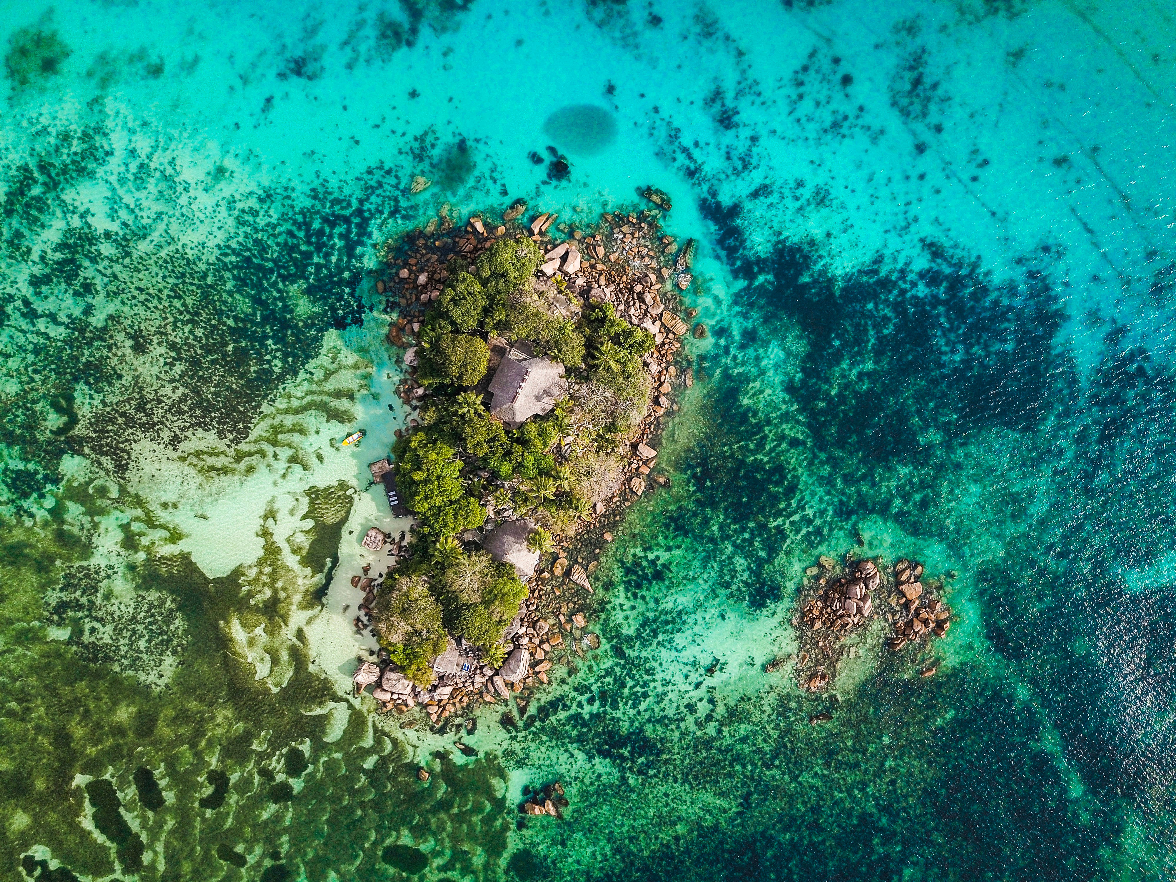 Seychelles 桌布 壁紙 — 一個鬱鬱蔥蔥的熱帶島嶼的鳥瞰圖，茅草小屋隱藏在綠樹叢中，周圍是充滿活力的碧綠海水。