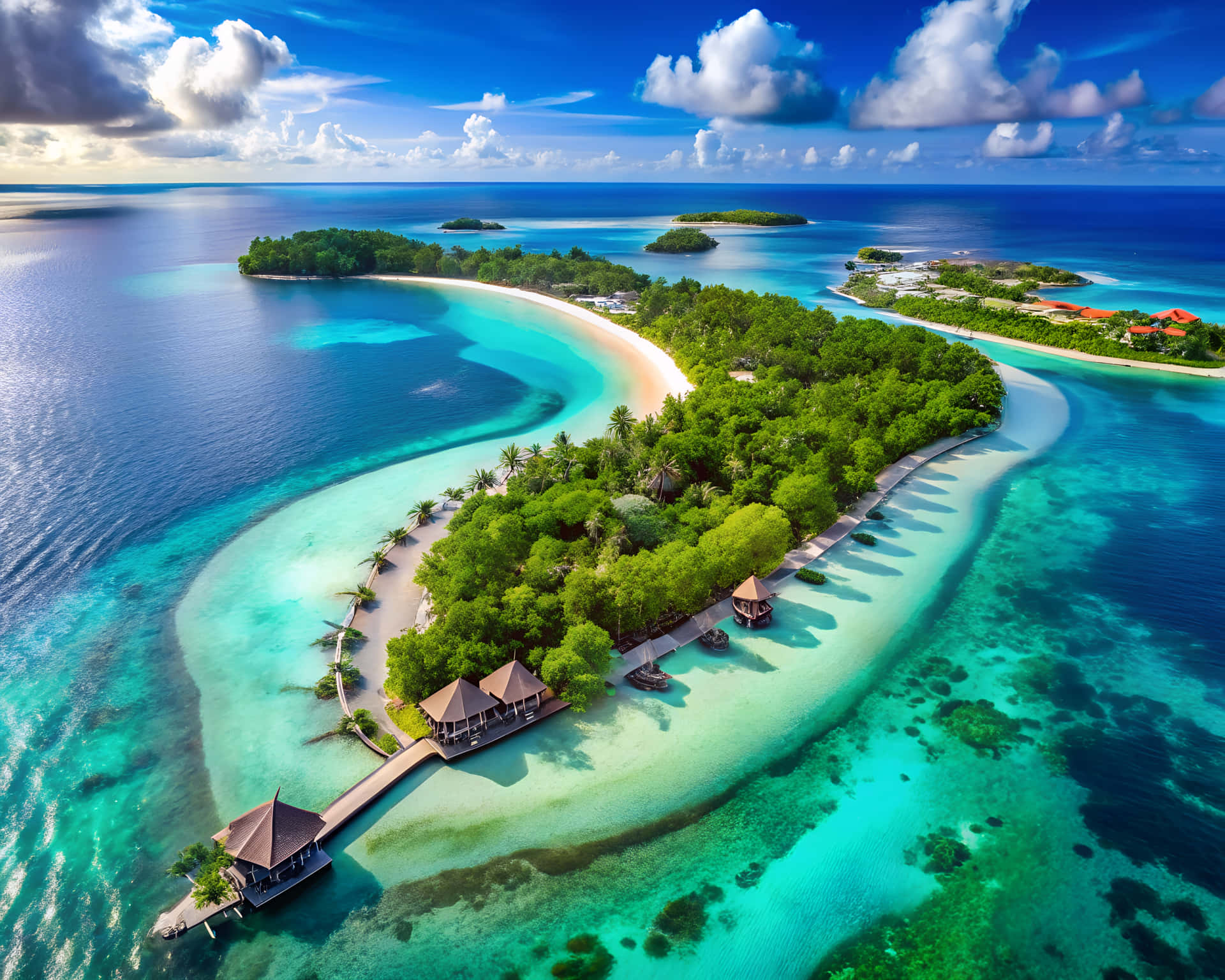 Maldives Island 壁紙 — 一個鬱鬱蔥蔥的熱帶島嶼的鳥瞰圖，擁有碧綠色的潟湖、沙灘和水上平房，在明亮的藍天下有蓬鬆的雲朵。