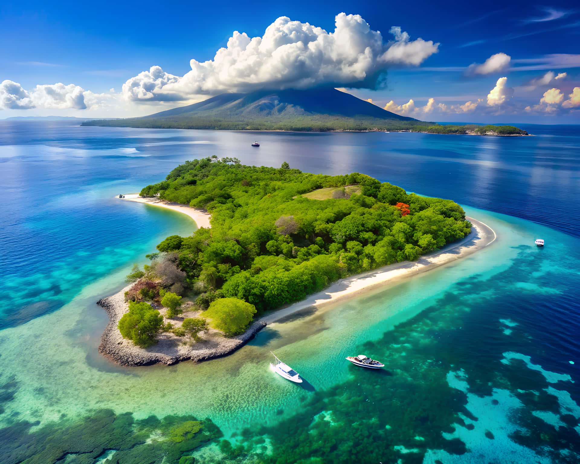 Indonesian island 壁紙 — 一個鬱鬱蔥蔥的熱帶島嶼的鳥瞰圖，擁有白色沙灘，周圍環繞著充滿活力的碧綠海水和遠處的火山山脈，在明亮的藍天下有蓬鬆的雲朵。