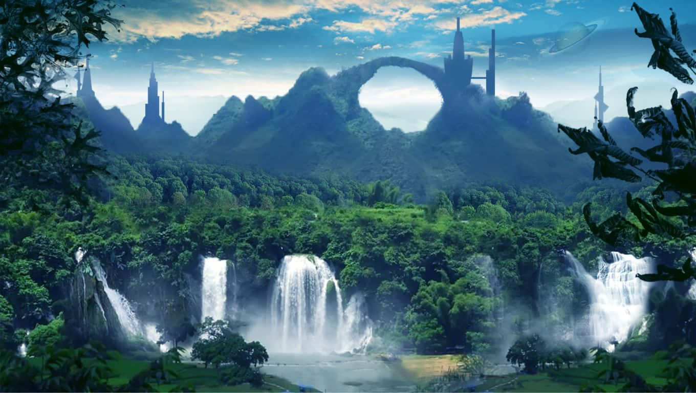 1360x768 桌布 壁紙 — 一個鬱鬱蔥蔥的綠色山谷，瀑布層疊，通向雲霧繚繞的山脈，山脈上有巨大的石拱和未來主義的尖塔，天空多雲。