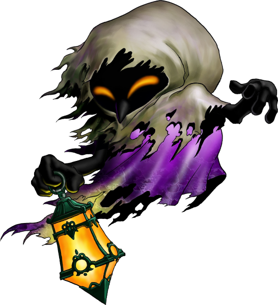 enemy 桌布 壁紙 — 一個鬼影般的人物，眼睛發出橙色光芒，手持燈籠，在黑色背景下噴出紫色煙霧。