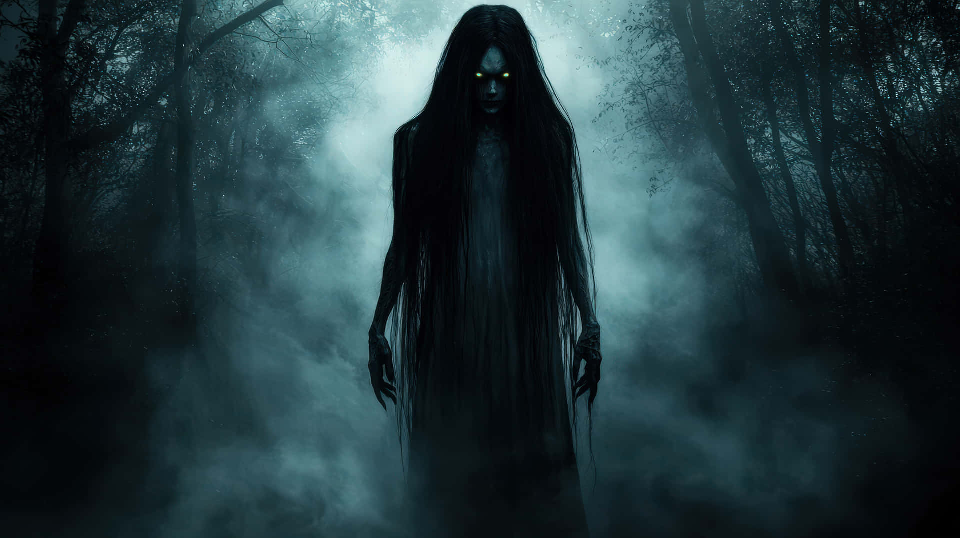A dark, ghostly figure with glowing white eyes and long, flowing hair stands in a foggy forest 壁紙 — 一個鬼影般的身影，眼睛發光，長著黑色長髮，夜晚站在迷霧籠罩的黑暗森林中。