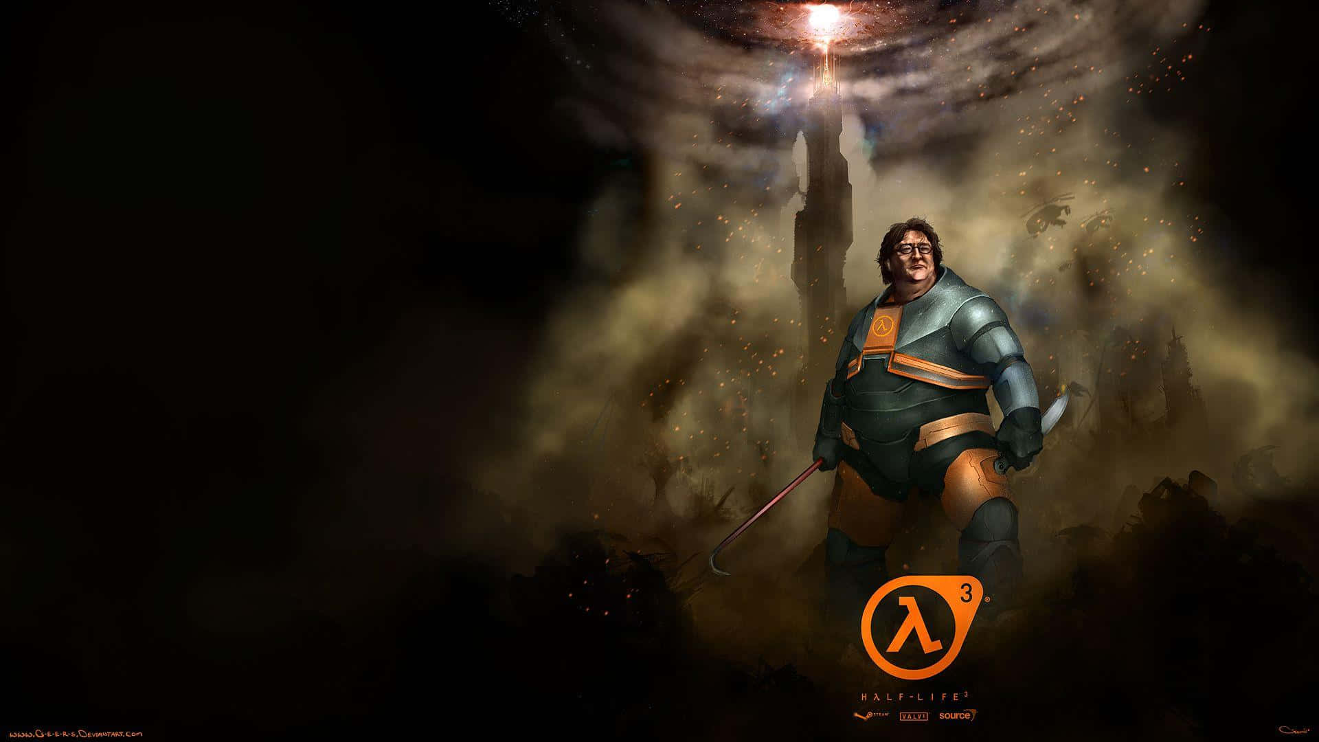 Half Life 2 桌布 壁紙 — 一個魁梧的男人穿著未來風格的盔甲，在煙霧瀰漫的廢墟中挑釁地站在發光的天光之下。