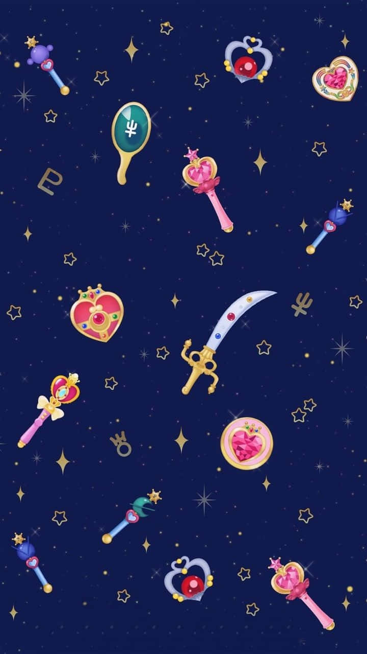 Sailor Moon Pattern 桌布 壁紙 — 一個魔法圖案，色彩繽紛的動漫風格變身魔杖和心形物品在星空夜空中漂浮。