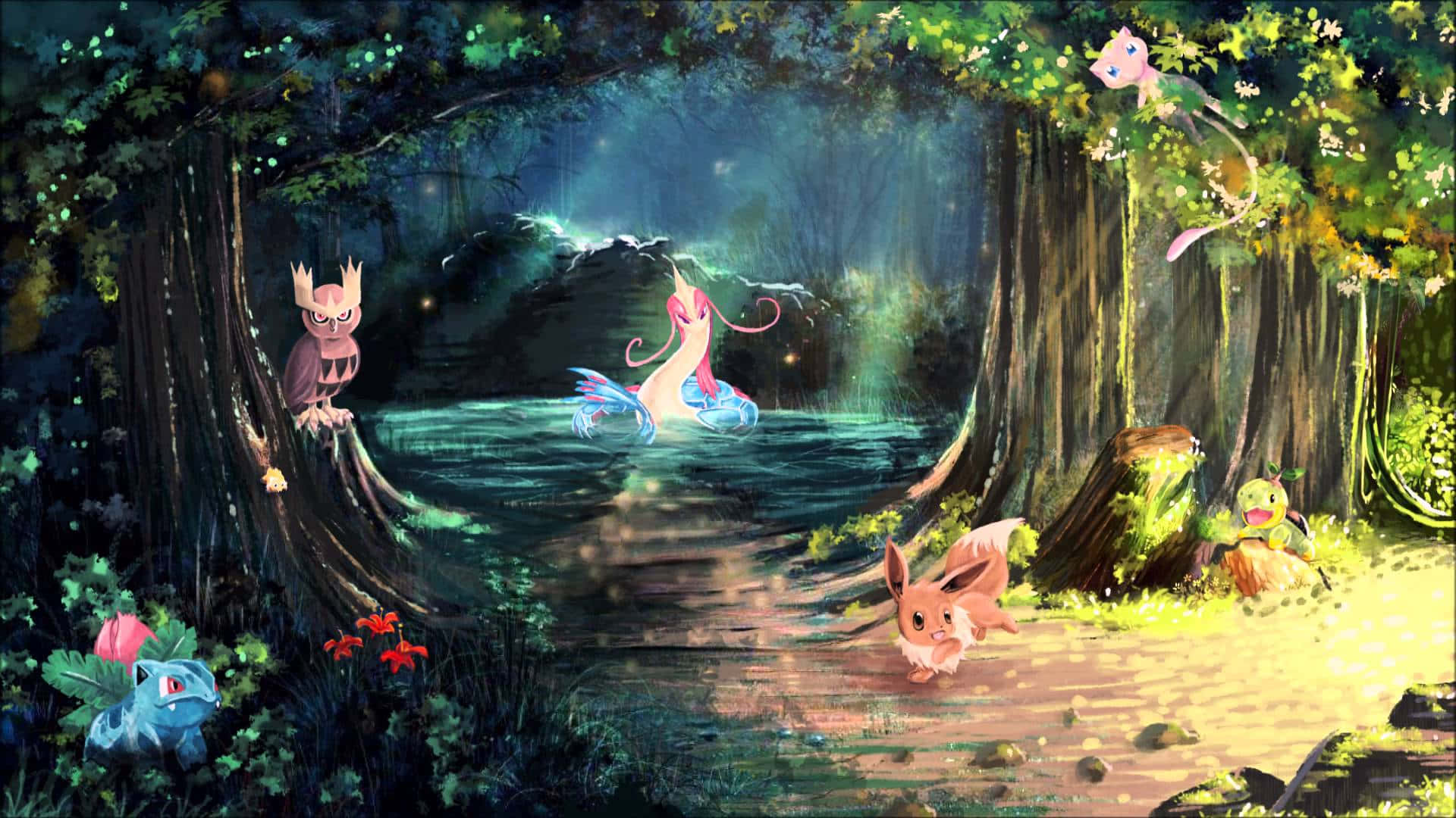 Enchanting 桌布 壁紙 — 一個魔法森林中的空地，沐浴在斑駁的陽光下，發光的寶可夢聚集在寧靜的池塘周圍。