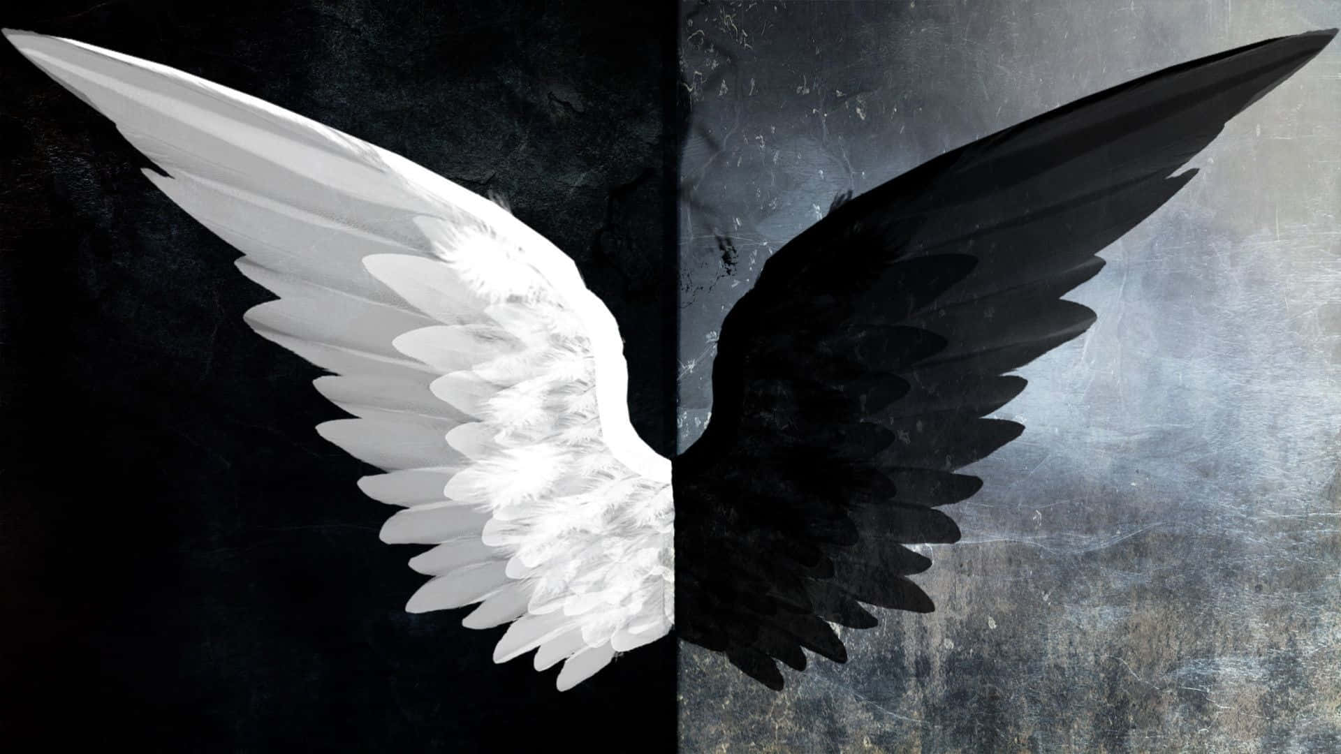 Angel Wings 桌布 壁紙 — 一個鮮明分裂翅膀的天使，一側純白，另一側漆黑，映襯著對比鮮明的紋理背景。