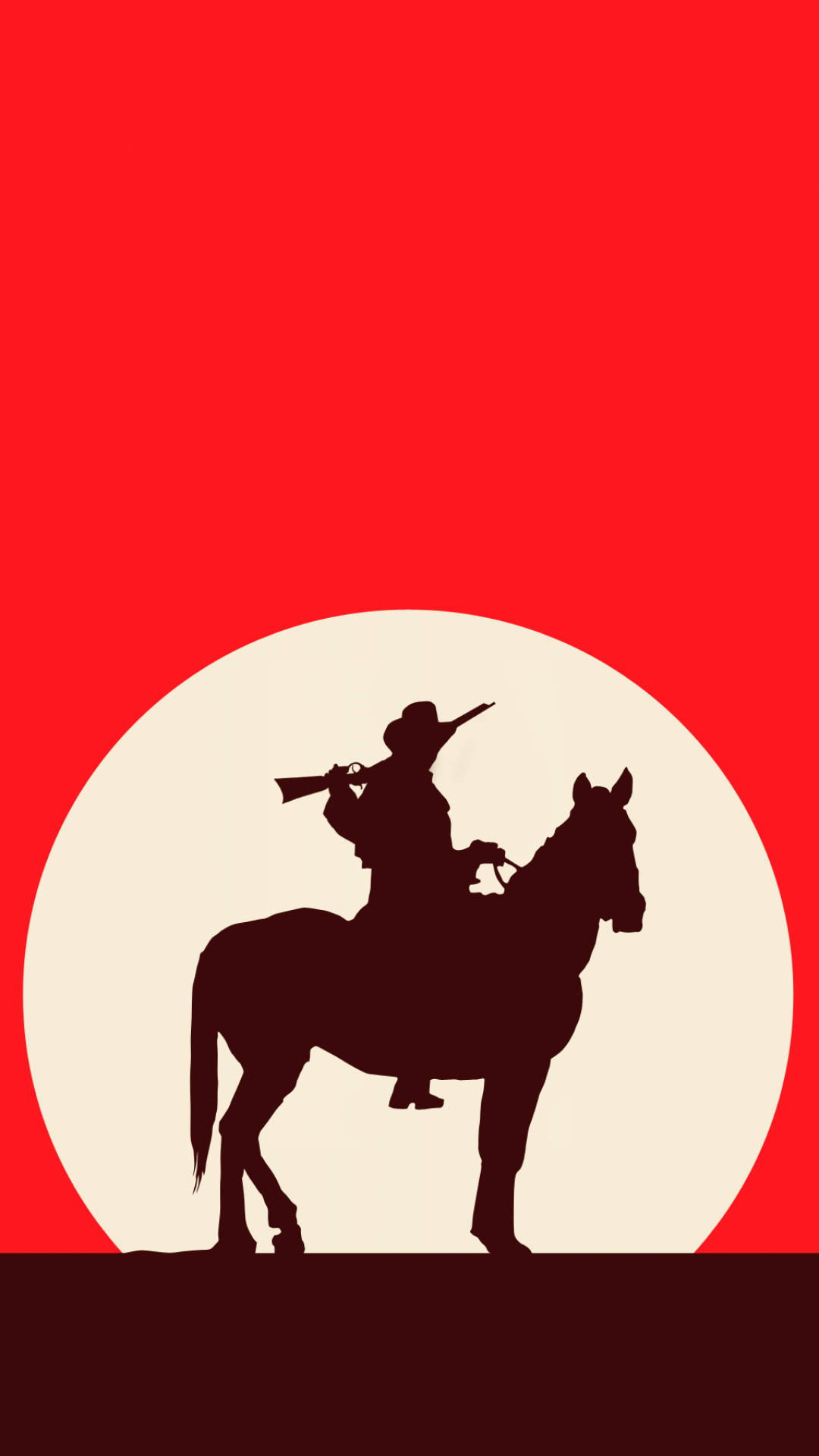 Cowboy 桌布 壁紙 — 一個鮮明的剪影，描繪一名牛仔騎在馬上，手持步槍，背景為大膽的紅色，配以一個奶油色的圓形太陽。