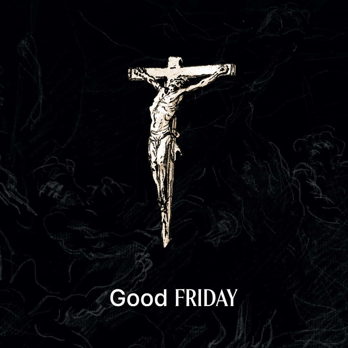 Good Friday 桌布 壁紙 — 一個鮮明的白色 crucifixion 場景，背景為深色紋理，帶有旋轉的煙霧，下方有文字 Good FRIDAY。