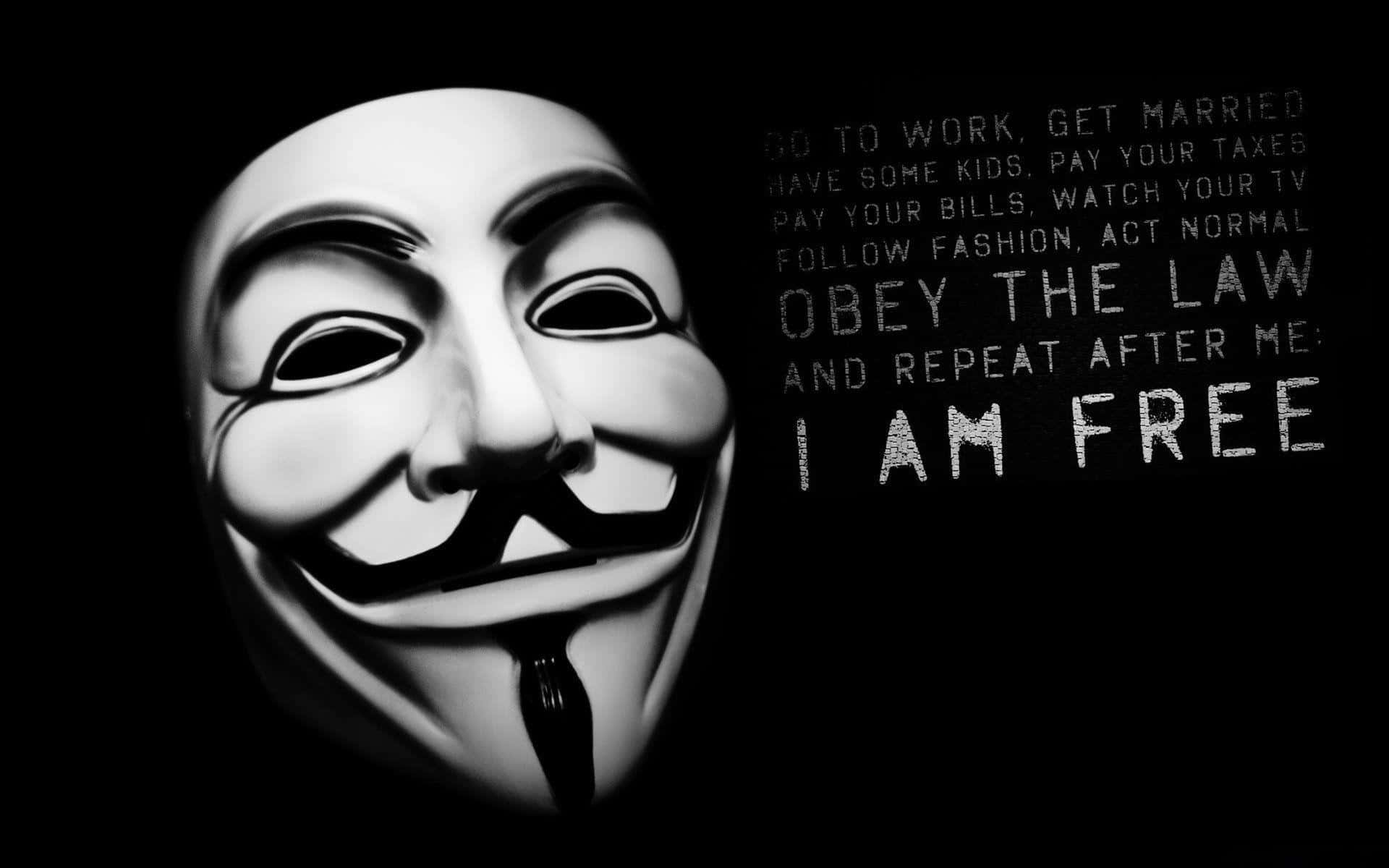 白色 Guy Fawkes 面具，帶有挑戰性的文字，關於自由和社會規範。 — 匿名 GIF 壁紙