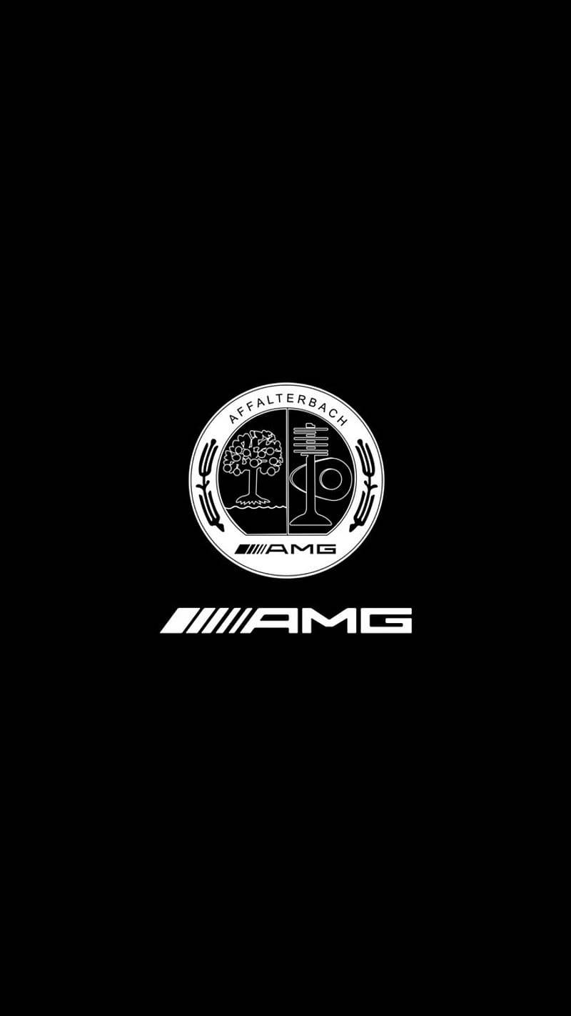 Amg 桌布 壁紙 — 一個鮮明的白色AMG標誌和徽章，居中在純黑色背景上。