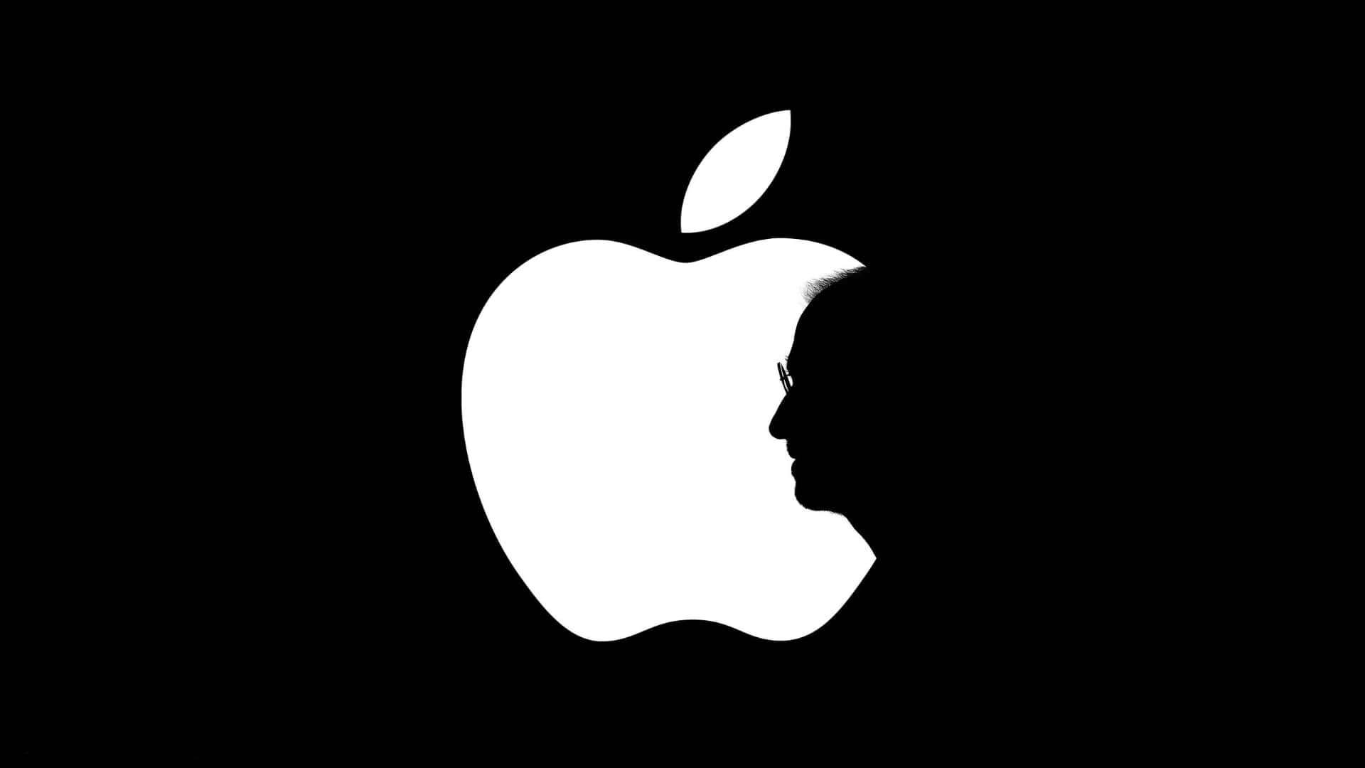 黑色 桌布 壁紙 — 一個鮮明的白色Apple標誌剪影，其咬痕中浮現出一個人臉側影，背景為黑色。