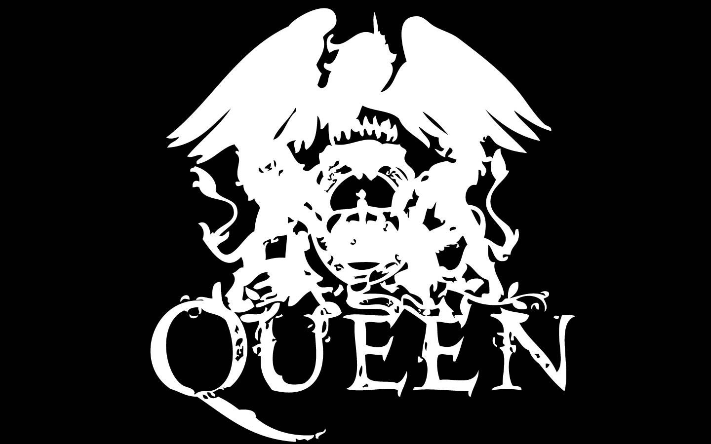 Black Queen 桌布 壁紙 — 一個鮮明的白色Queen樂隊標誌，帶有天使形象和皇冠，置於純黑色背景上。