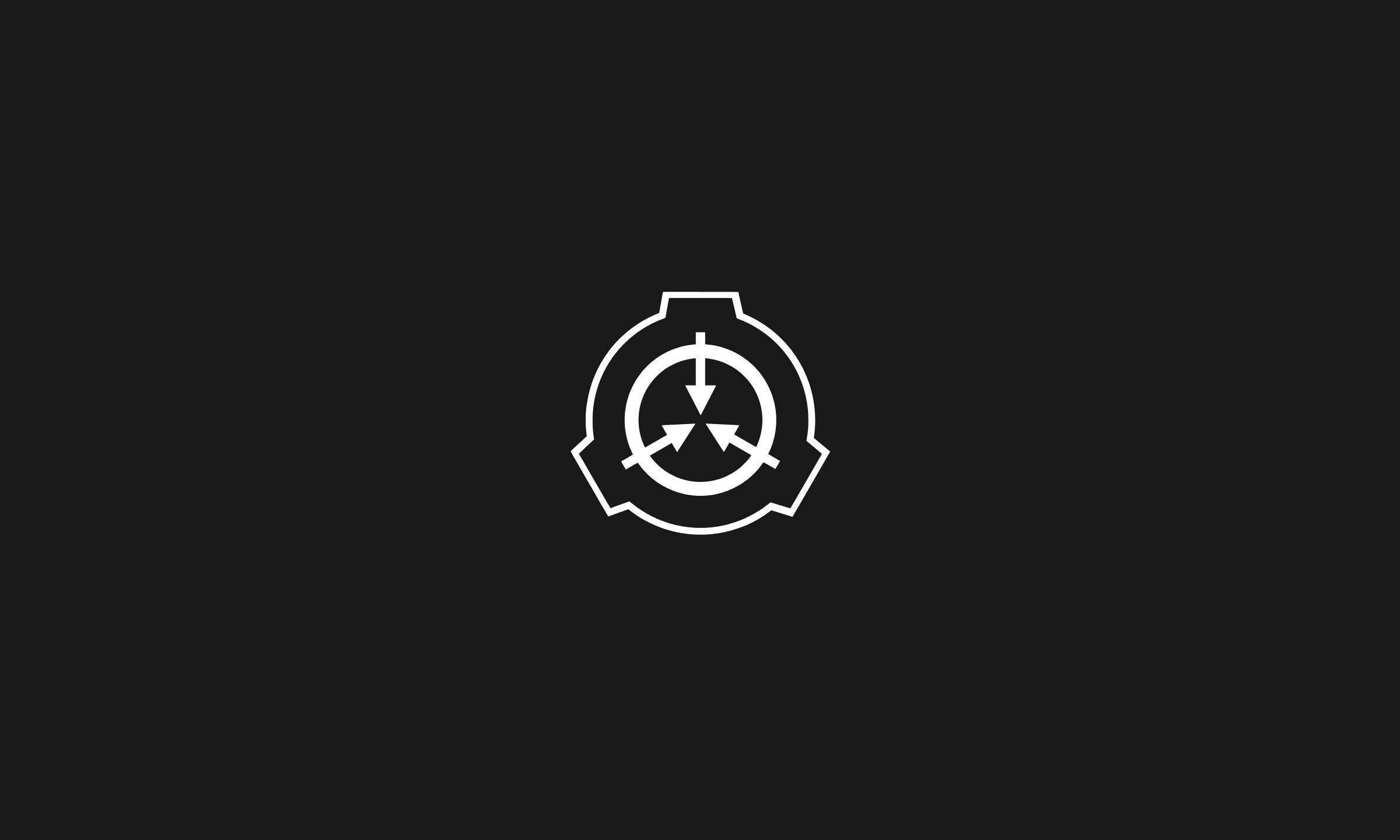SCP 桌布 壁紙 — 一個鮮明的白色SCP Foundation標誌，居中放在純黑色背景上，對比度高。
