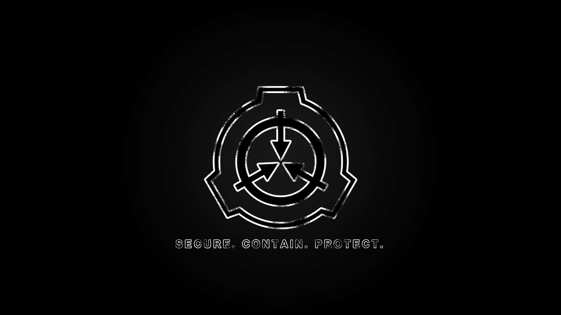 SCP 桌布 壁紙 — 一個鮮明的白色SCP Foundation標誌在黑色背景上發光，下方有文字secure contain protect。