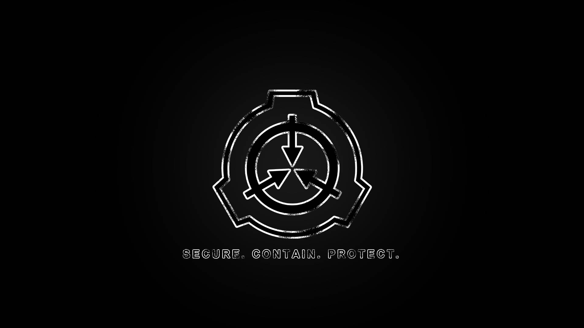SCP 桌布 壁紙 — 一個鮮明的白色SCP Foundation標誌在黑色背景上發光，下方有座右銘secure contain protect。