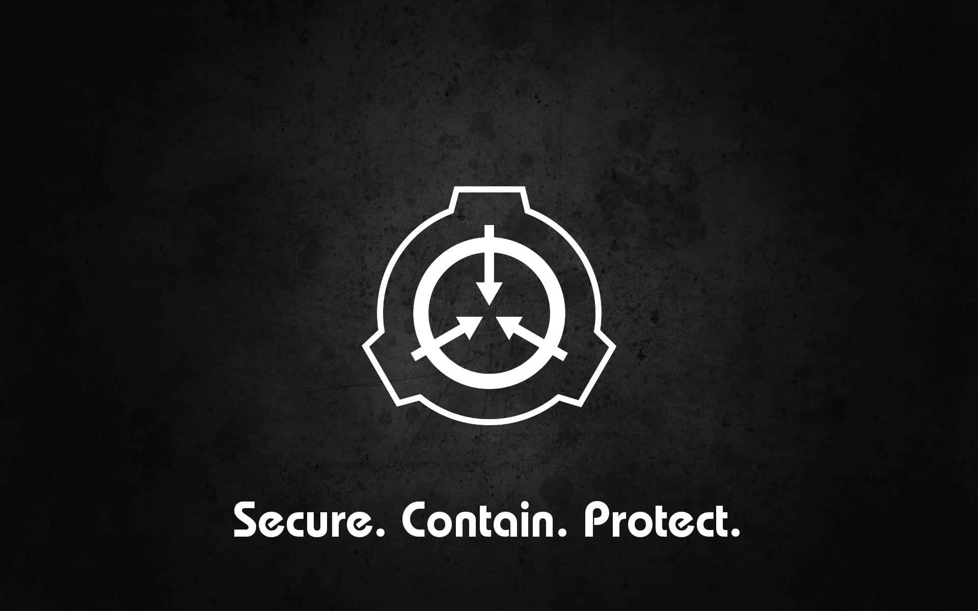 SCP 桌布 壁紙 — 一個鮮明的白色SCP Foundation標誌在紋理黑色背景上發光，下方有座右銘secure contain protect。
