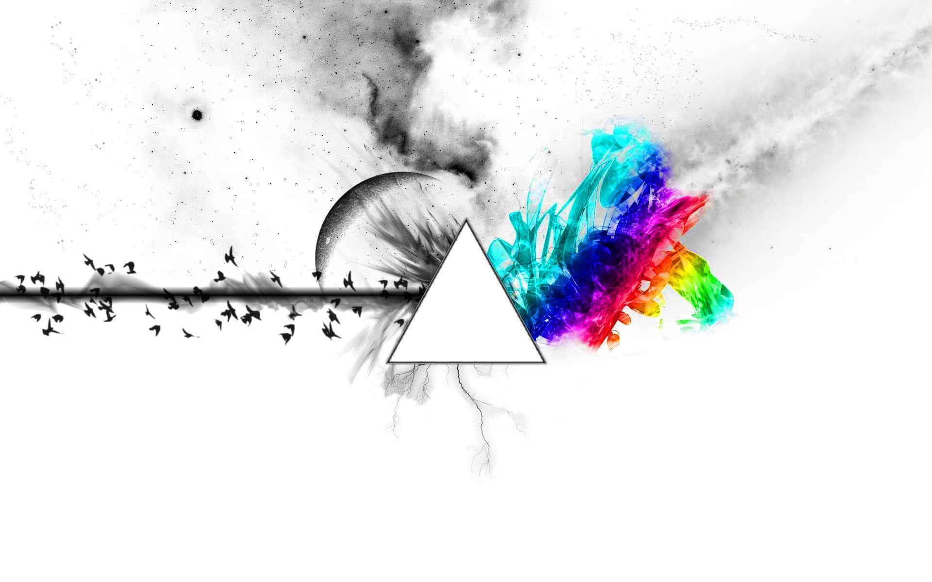 Multicolor 桌布 壁紙 — 一個鮮明的白色三角形將單色煙霧場景與充滿活力的彩虹飛濺和向左飛翔的鳥類分開。