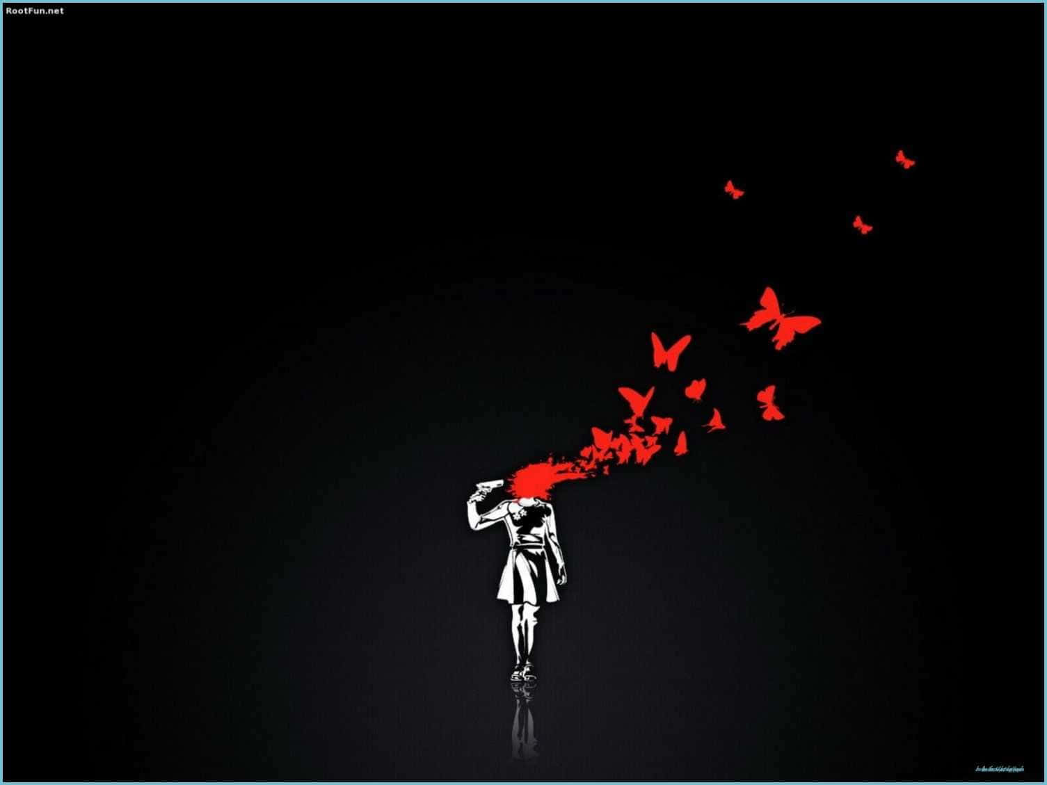 Broken Heart Aesthetics 桌布 壁紙 — 一個鮮明的白色人物在黑色背景上從頭部釋放出一連串鮮豔的紅色蝴蝶。
