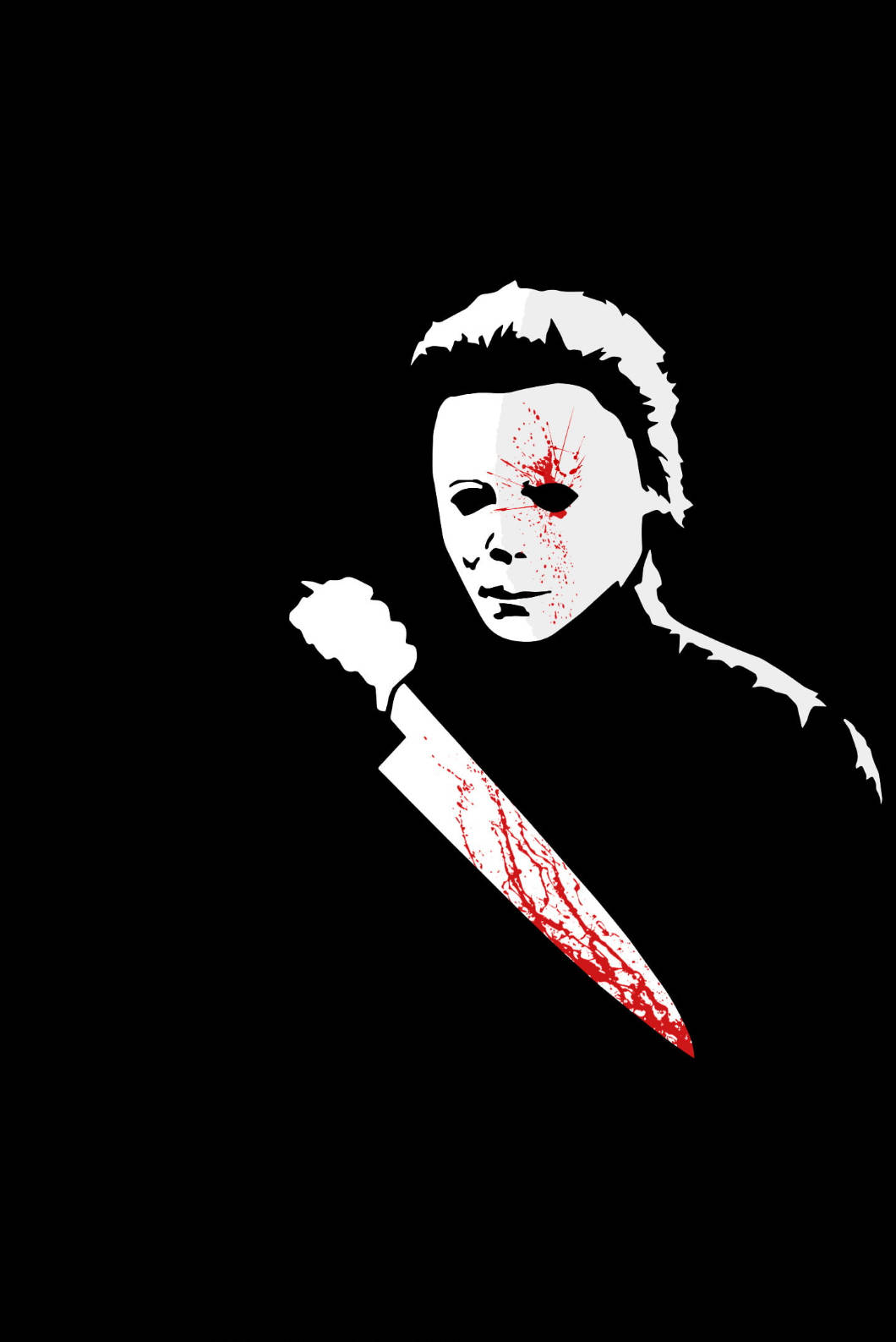 黑色 桌布 壁紙 — 一個鮮明的白色剪影，Michael Myers 手持一把沾血的刀，背景為黑色。