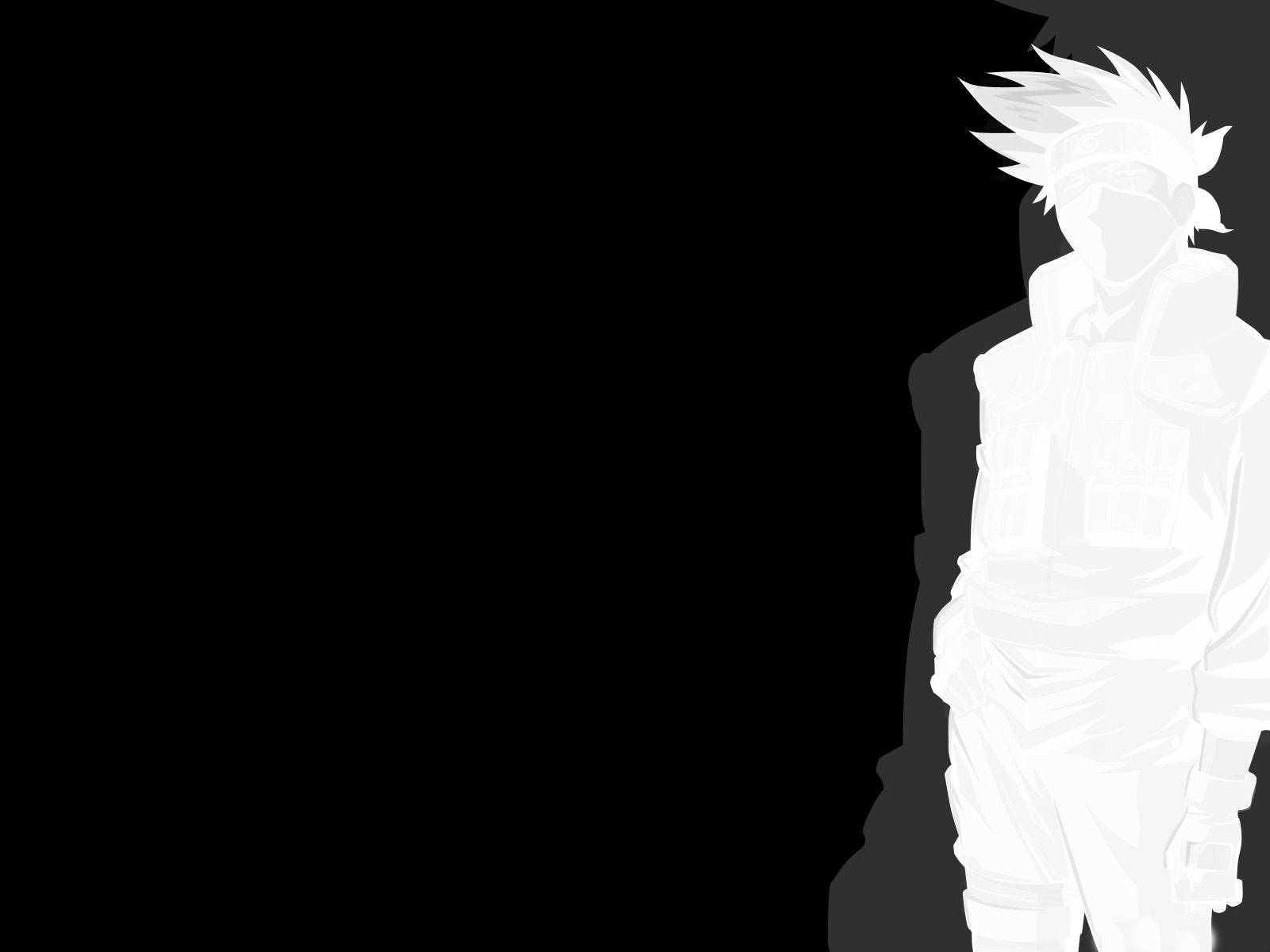 kakashi pfp 桌布 壁紙 — 一個鮮明的白色動漫角色剪影，在黑色背景上帶有戲劇性的燈光。