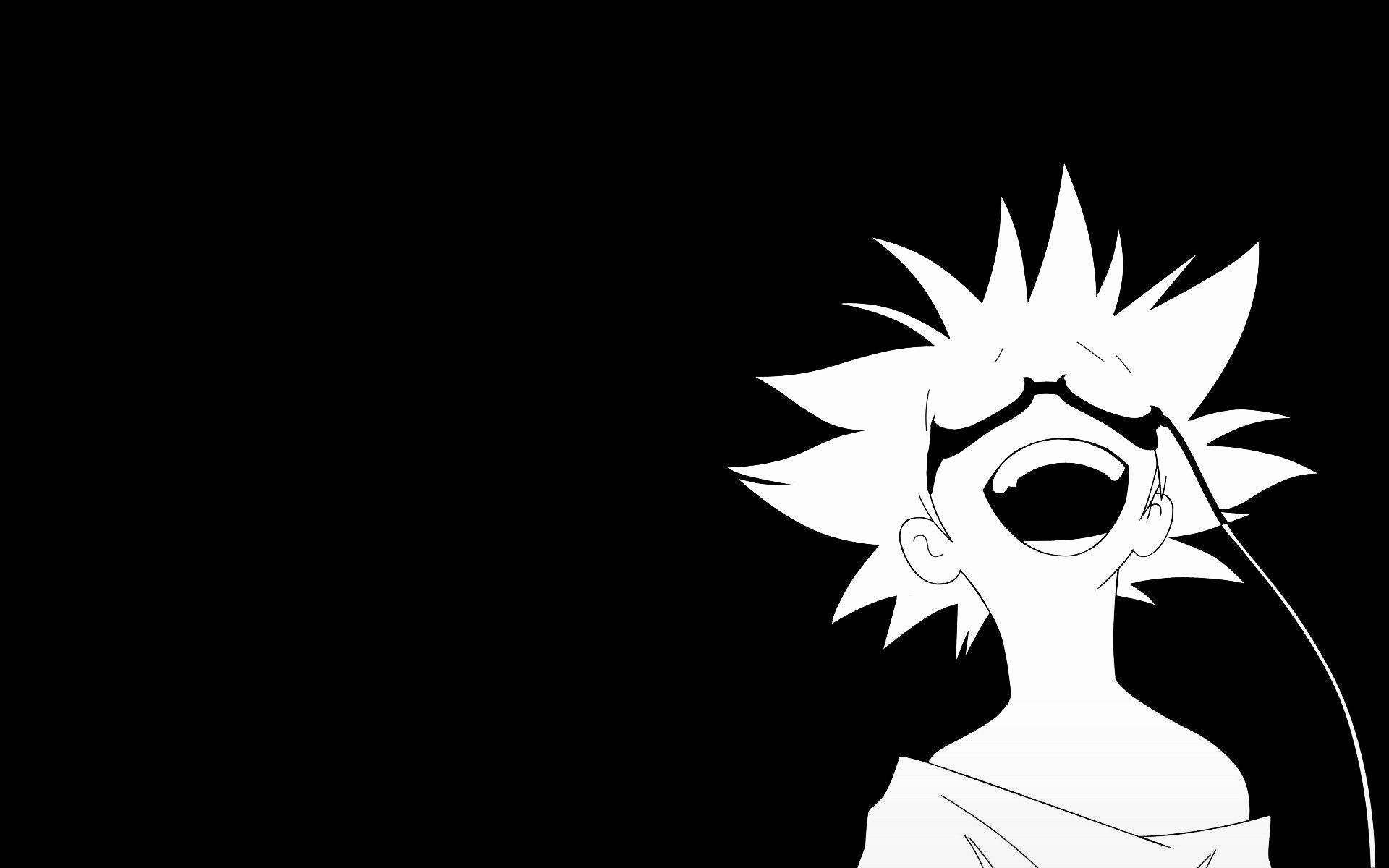 黑色動畫gif 桌布 壁紙 — 一個鮮明的白色動漫風格角色，擁有刺蝟頭和耳機，背景為純黑色。