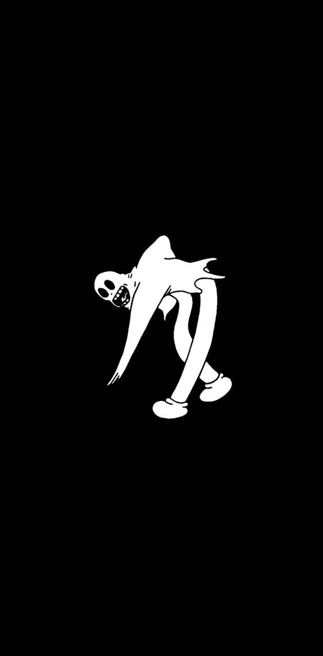 Ghostemane 桌布 壁紙 — 一個鮮明的白色卡通生物，咧嘴大笑，四肢修長，蹲伏在純黑色背景前。