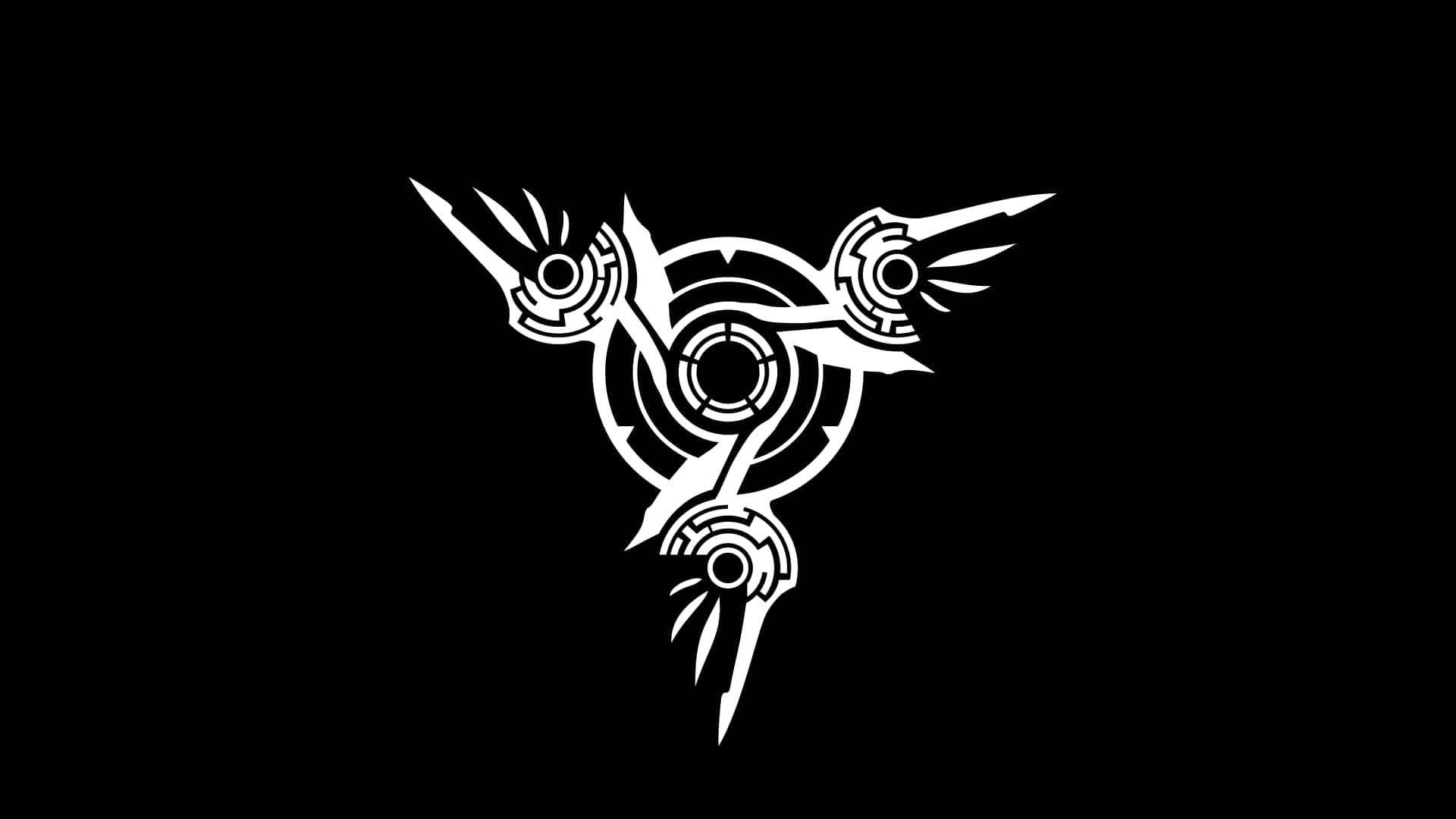 Prince Symbol 桌布 壁紙 — 一個鮮明的白色對稱幾何徽章，三個帶翼的圓形圖案從中央核心向外輻射，背景為黑色。