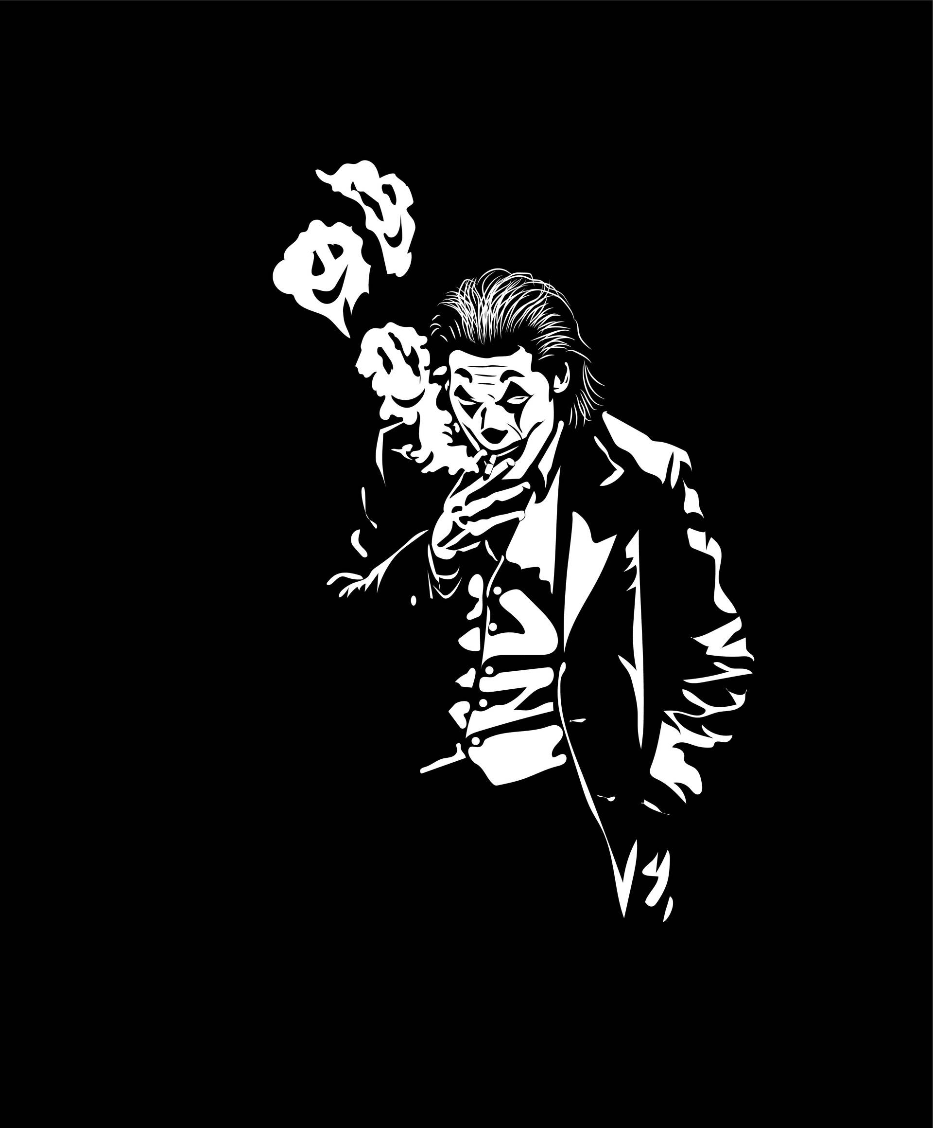 Black And White Joker 桌布 壁紙 — 一個鮮明的白色小丑剪影，在黑色背景上抽煙，煙霧向上繚繞。