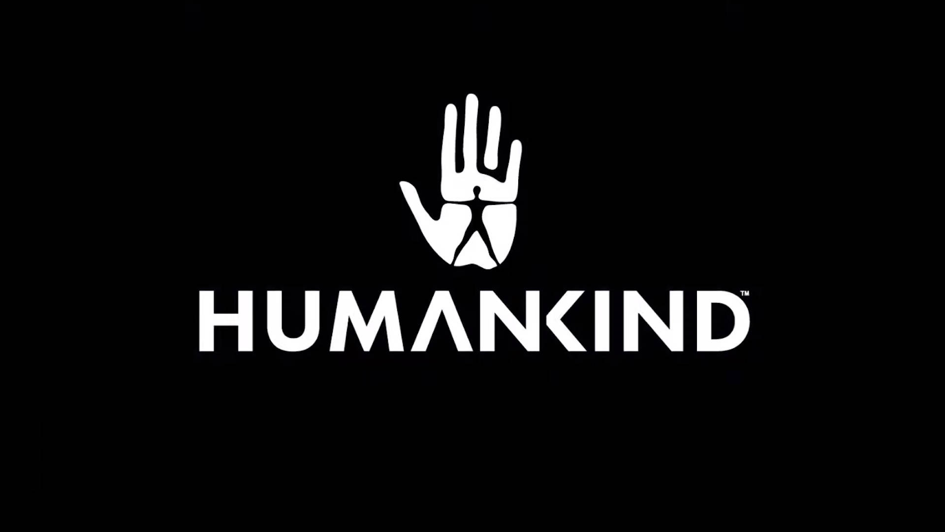 Humankind 桌布 壁紙 — 一個鮮明的白色手標誌，上方整合了人形圖案，置於黑色背景上，文字為HUMANKIND。
