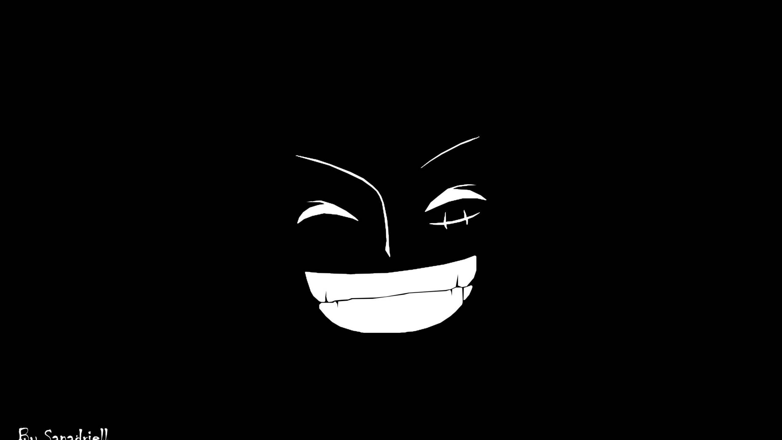 動漫 桌布 壁紙 — 一個鮮明的白色極簡面孔，帶有縫合的眼睛和寬闊的笑容，背景為純黑色。